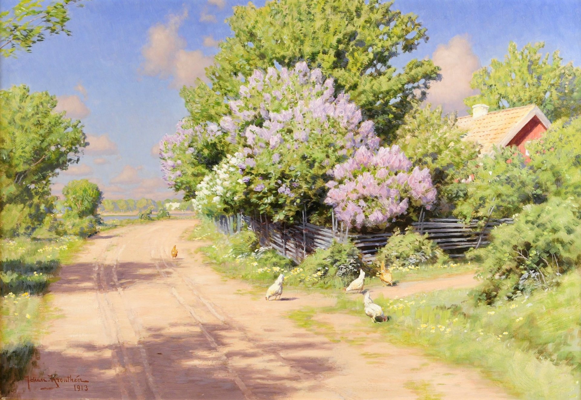 pintura paisaje johan krouthen pueblo camino sombra casa techo cerca mimbre arbustos lila flores pollos