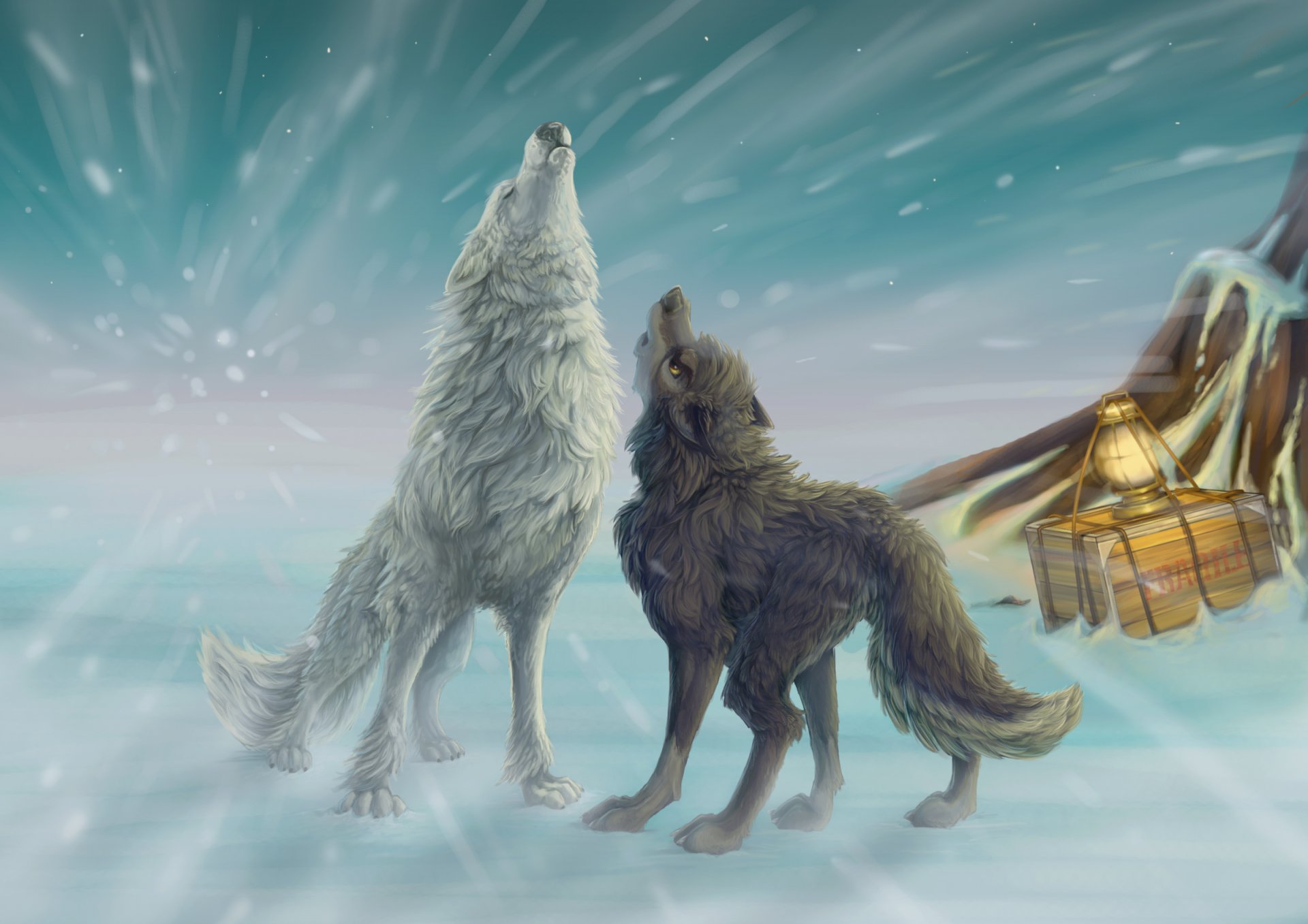 arte lobos invierno nieve caja linterna ventisca aullido