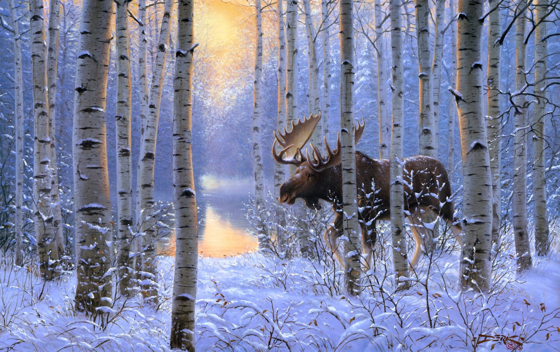 derk hansen sur la route peinture hiver neige animaux forêt elk