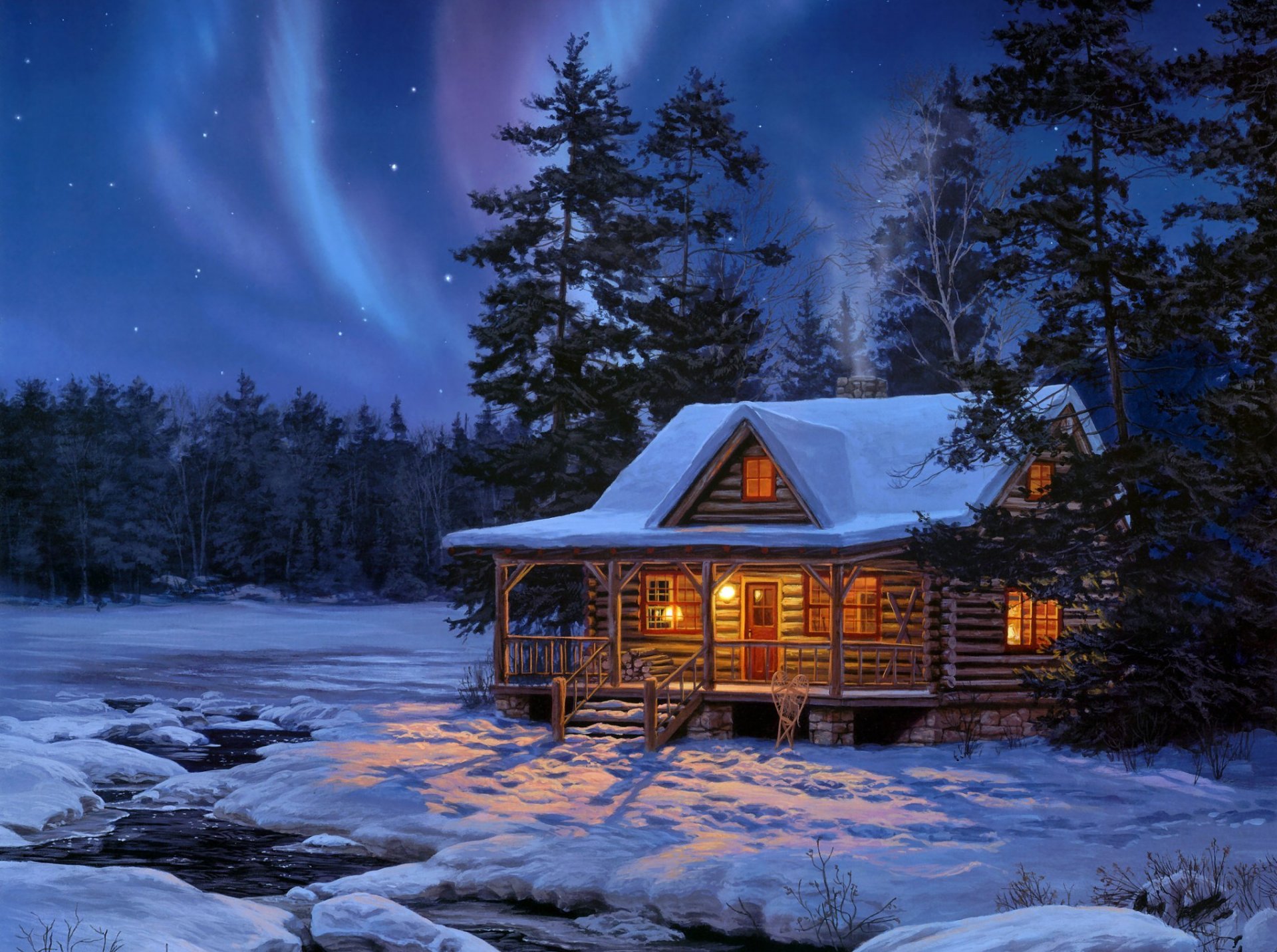 darrell bush abendleistung malerei holz blockhaus haus licht winter wald nacht sterne ausstrahlung schnee bach wasser