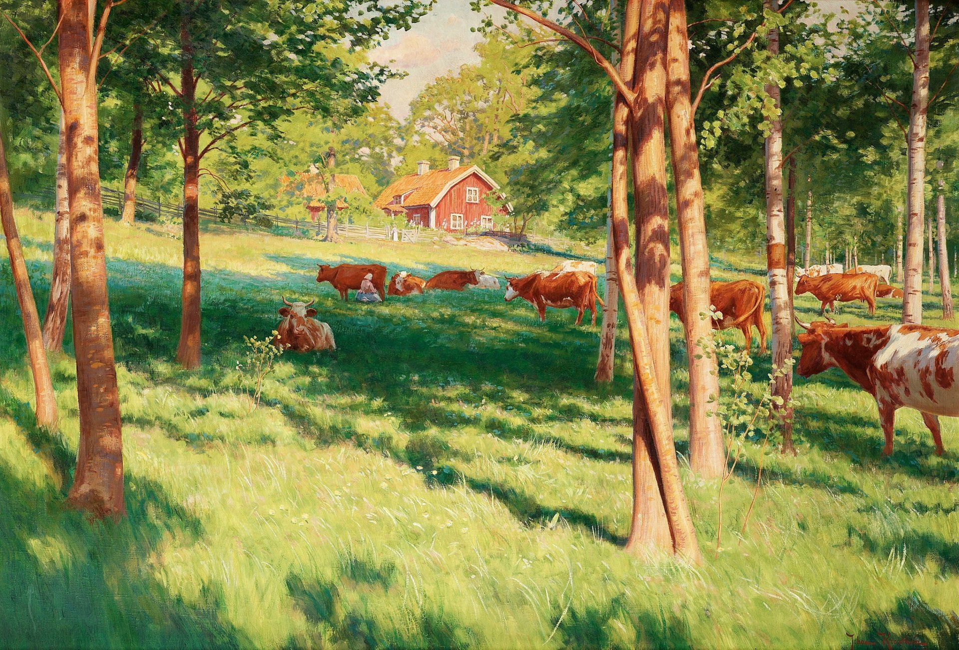 peinture paysage johan krouthen été village forêt prairie pâturage vaches arbres maison clôture