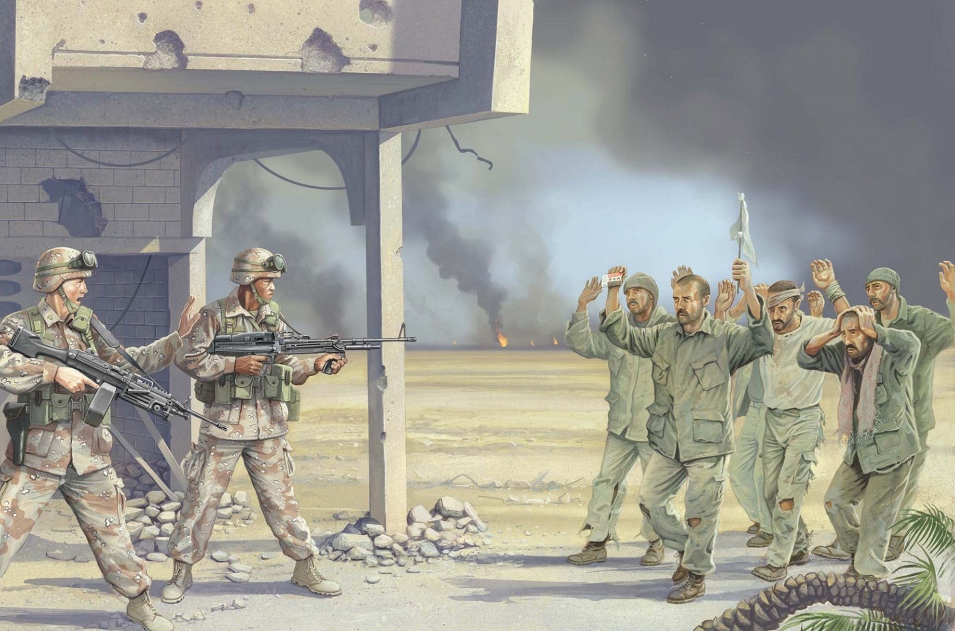 arte irak guerra fuego humo soldados fuerzas armadas de ee.uu. equipo armas rendición prisionero iraquí militares dibujo