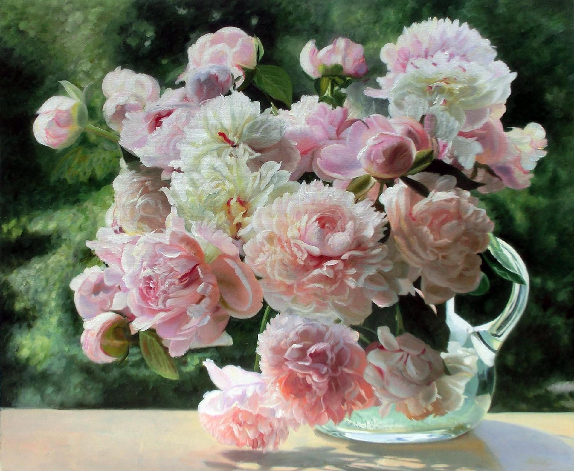 pittura zbigniew kopania natura morta fiori peonie caraffa estate luce tenerezza