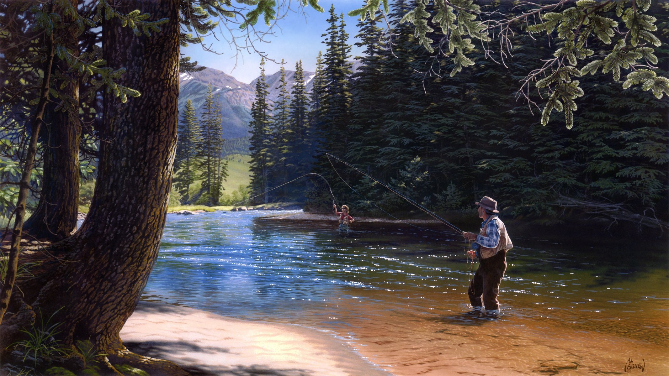 al agnew un bon moment peinture nature conifères épinette rivière pêche