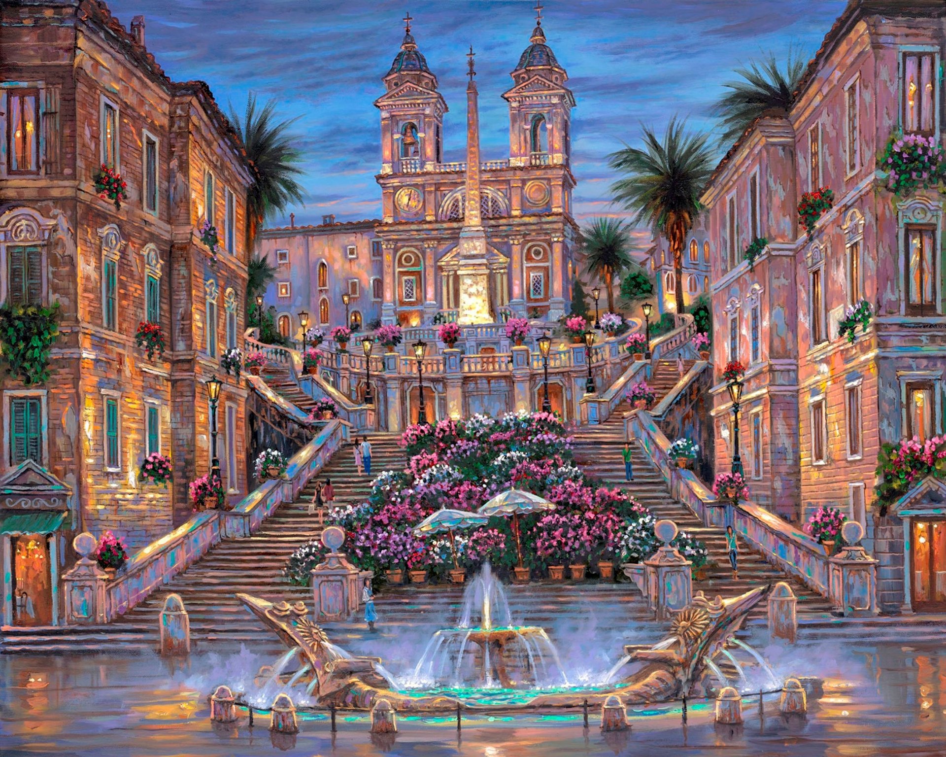 robert final rome . escalier d espagne peinture italie rome escaliers fontaine fleurs palmiers soir crépuscule