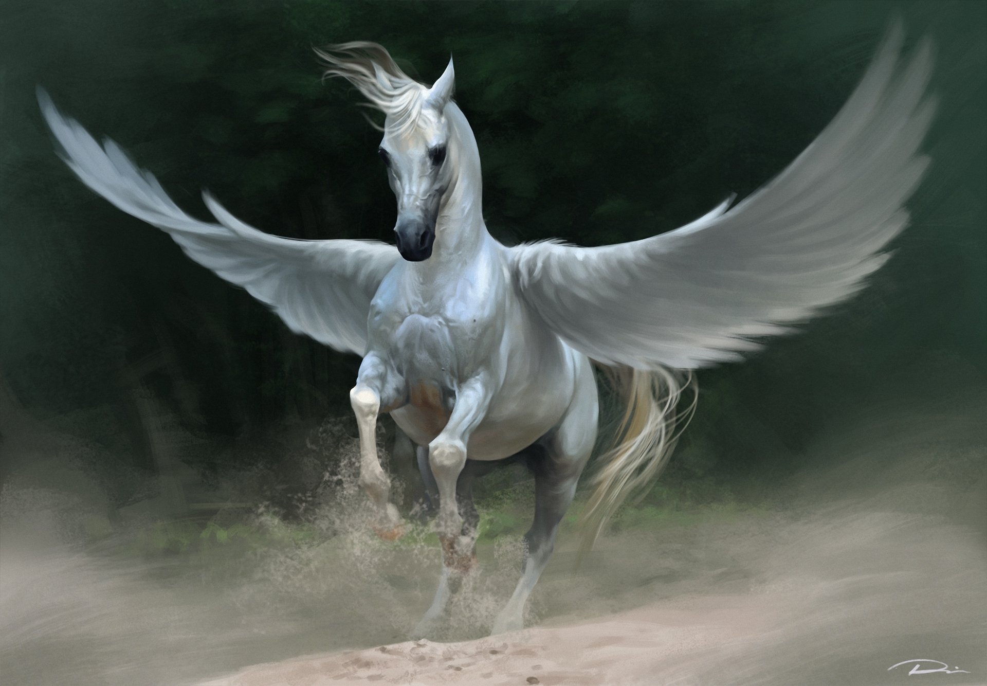 art lin zhou fantasy pegasus cheval blanc ailes poussière sable