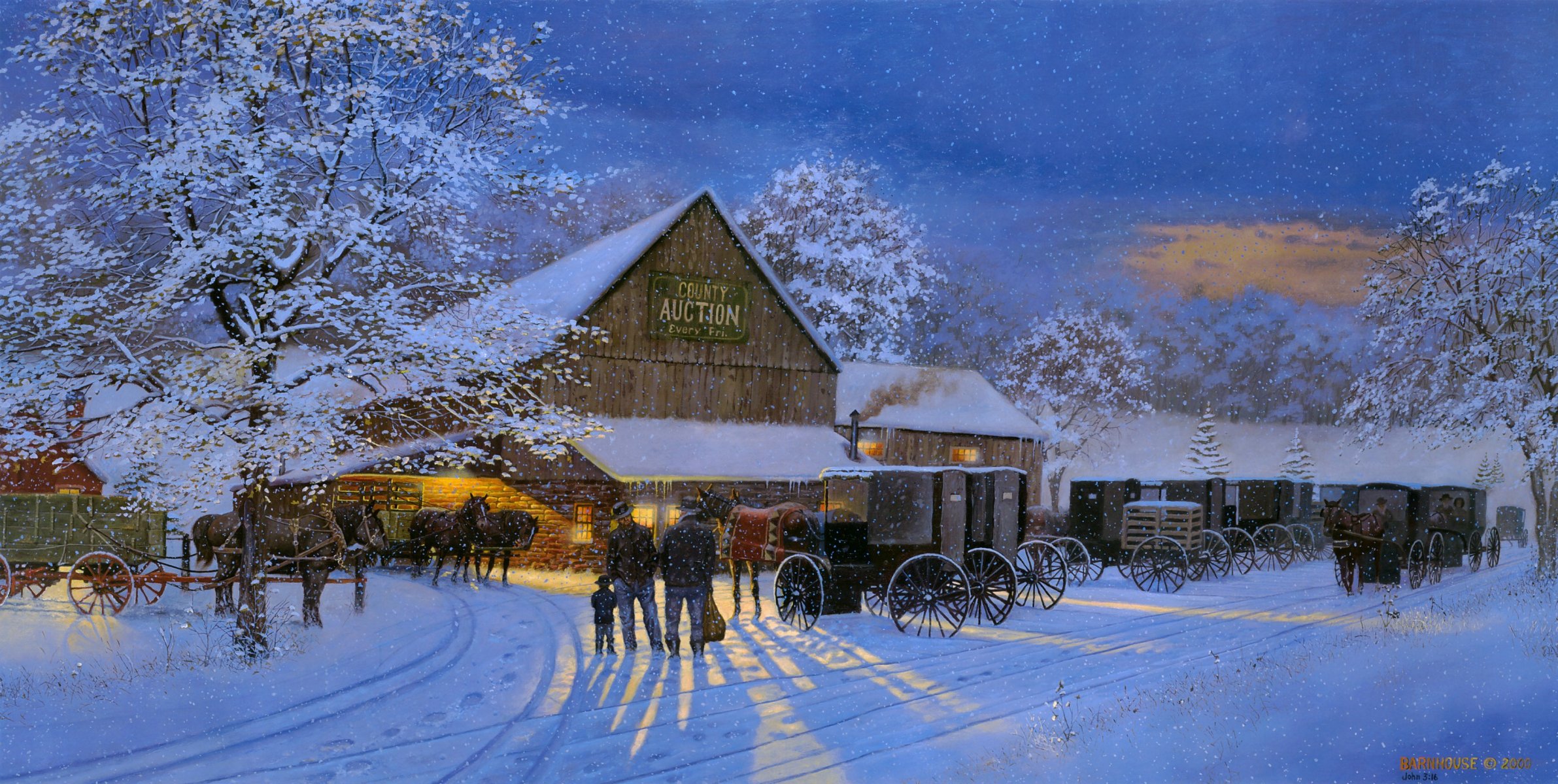 dave barnhouse the gathering place county auction painting horses carts winter snow night auction