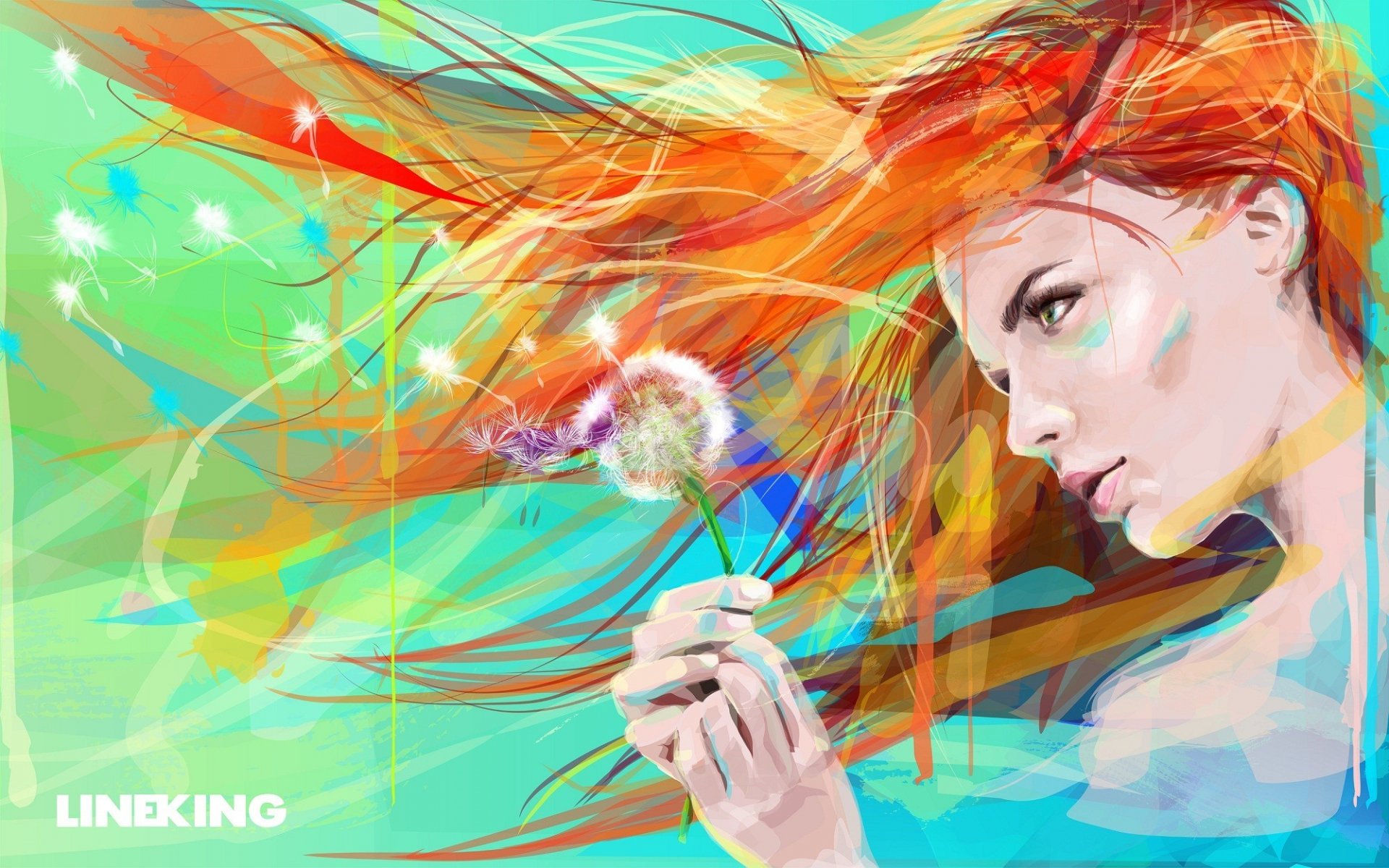 pintura arte dibujo chica pelo cara ojos flor diente de león pintura