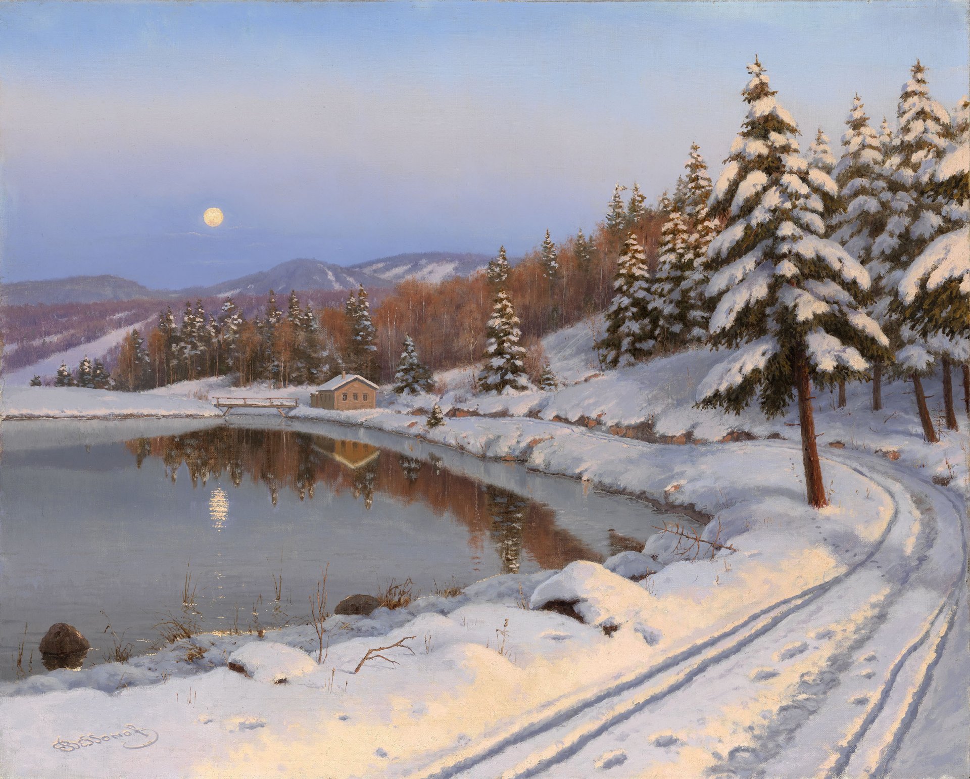 pattern landscape boris bessonov winter night moon lake mountain house forest road christmas tree