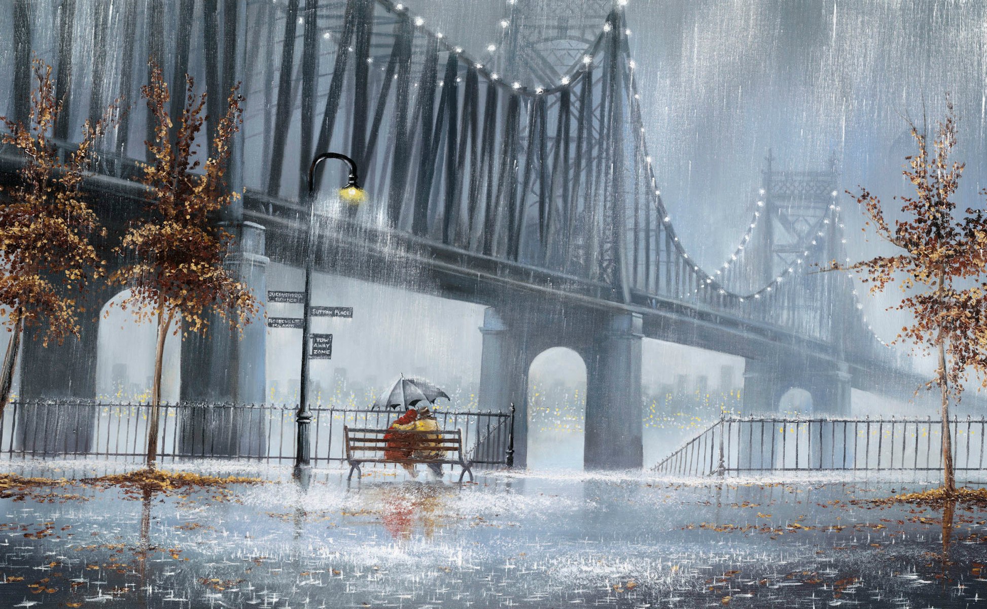 jeff rowland pioggia alberi lanterne strada panchina due coppia ombrello