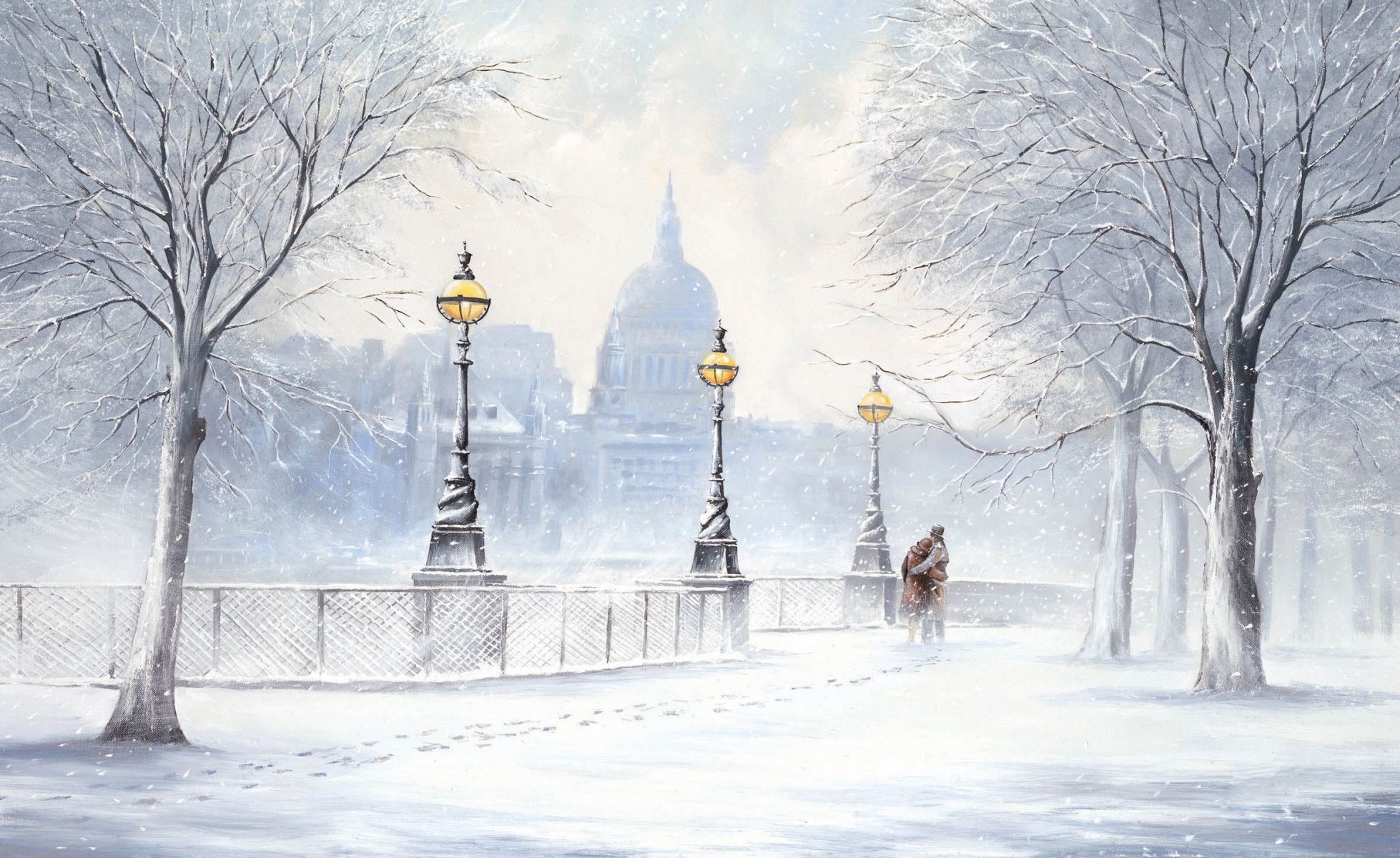 immagine jeff rowland inverno neve viale nevicata strada lanterne due tracce alberi città