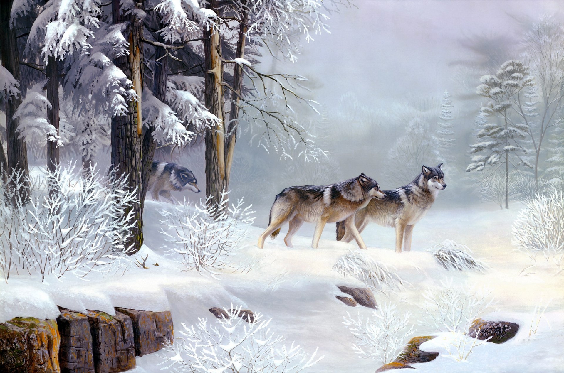 leo stans soledad de la mañana pintura animales lobos invierno frío helada mañana bosque