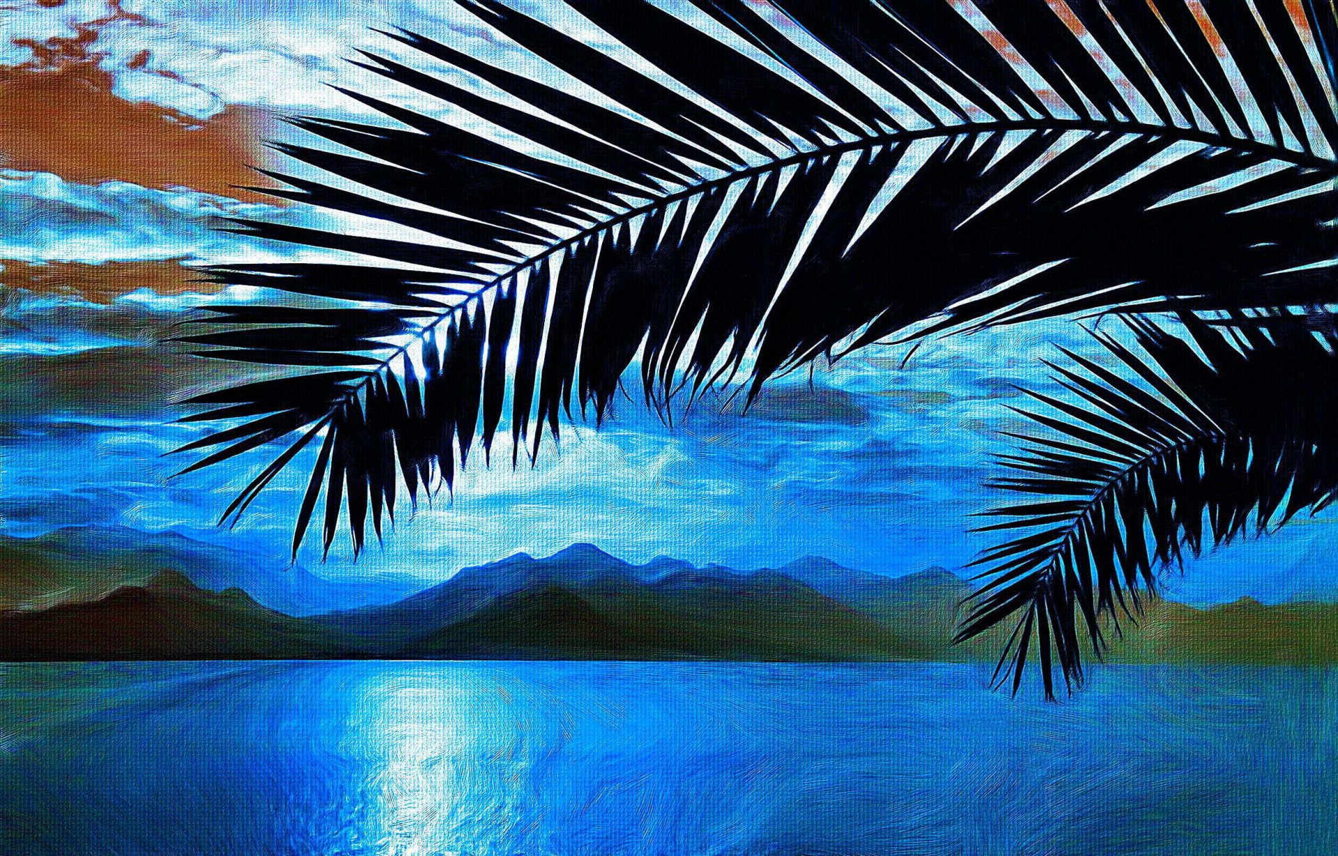 art painting pattern branch palm sea mountain