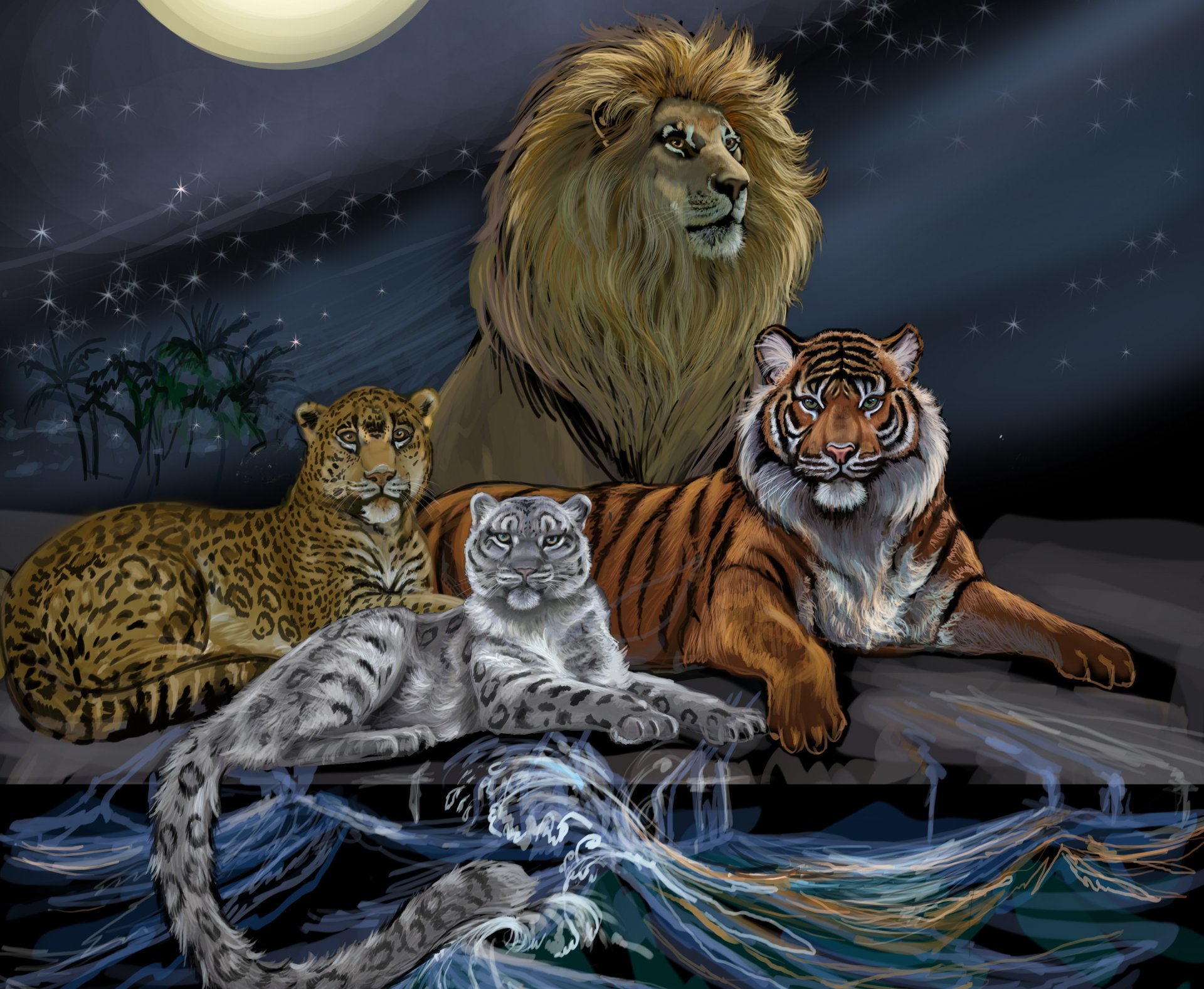 arte pintura animales depredadores león melena vista rey de las bestias leopardo tigre leopardo de las nieves agua olas cielo luna