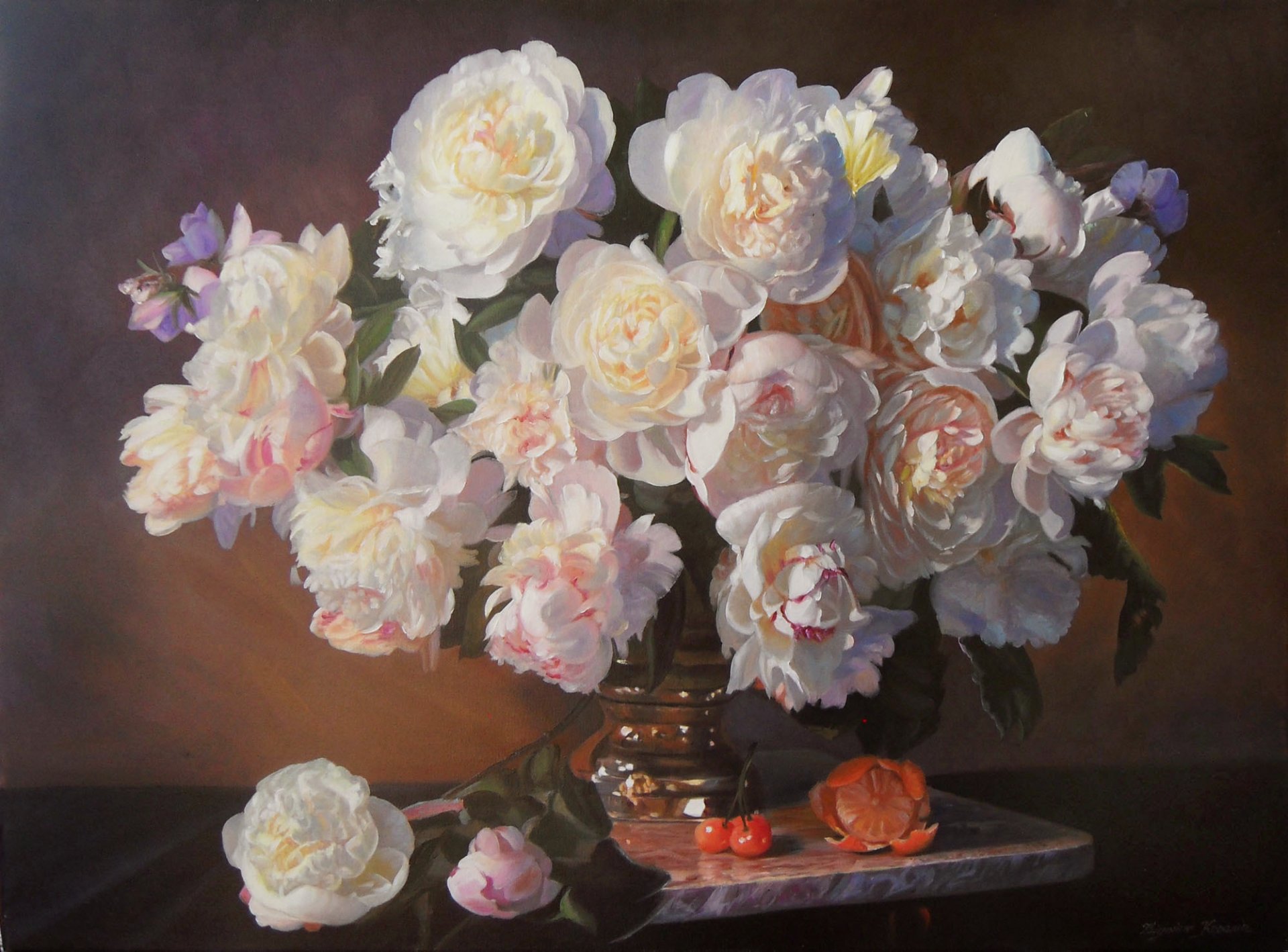 pittura zbigniew kopania natura morta fiori frutta peonie mazzo vaso arancia ciliegia