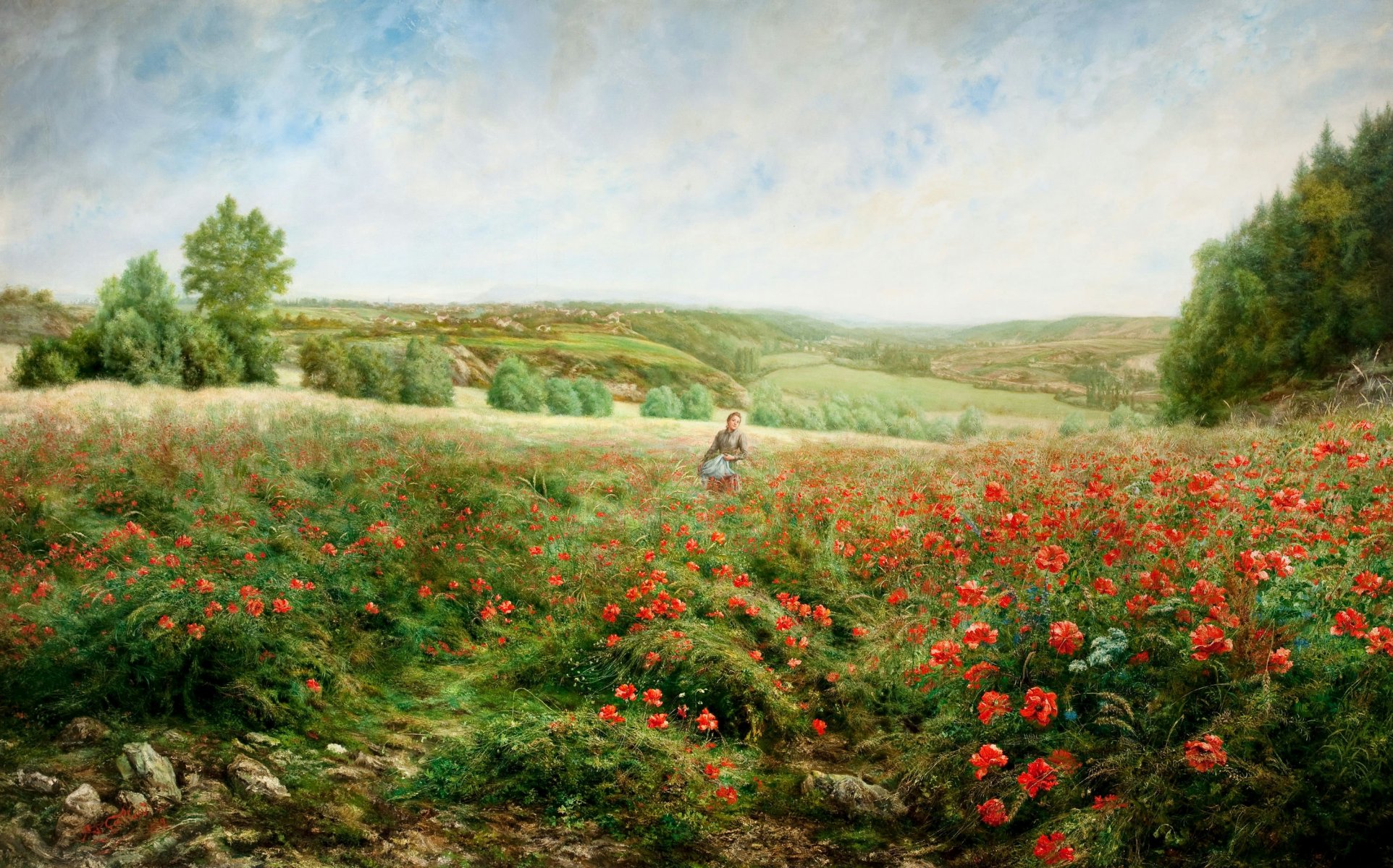 pittura paesaggio campo colline fiori papaveri alberi ragazza jacob philipp hackert