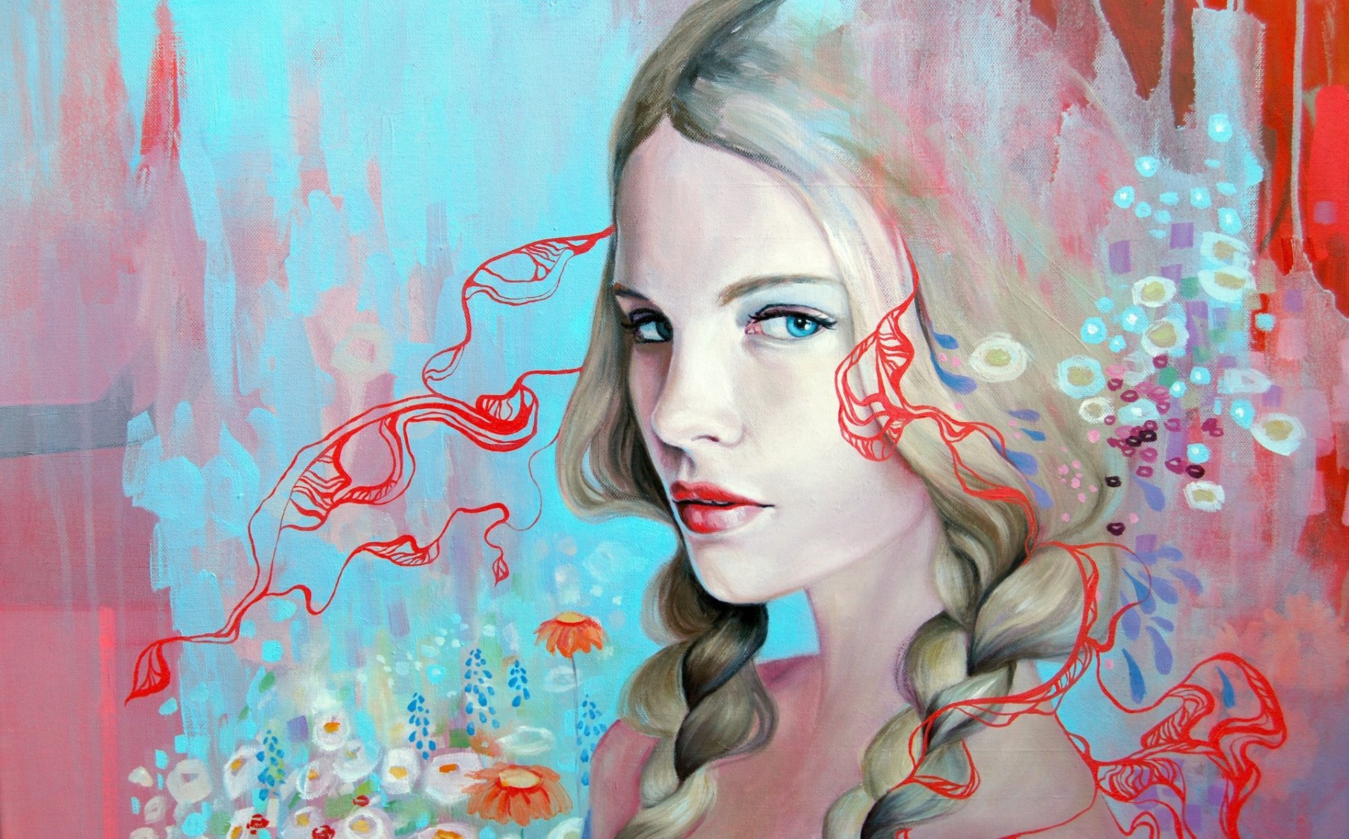 kunst zeichnung emma uber mädchen blond gesicht blick augen blau haare zöpfe hintergrund muster farben blumen