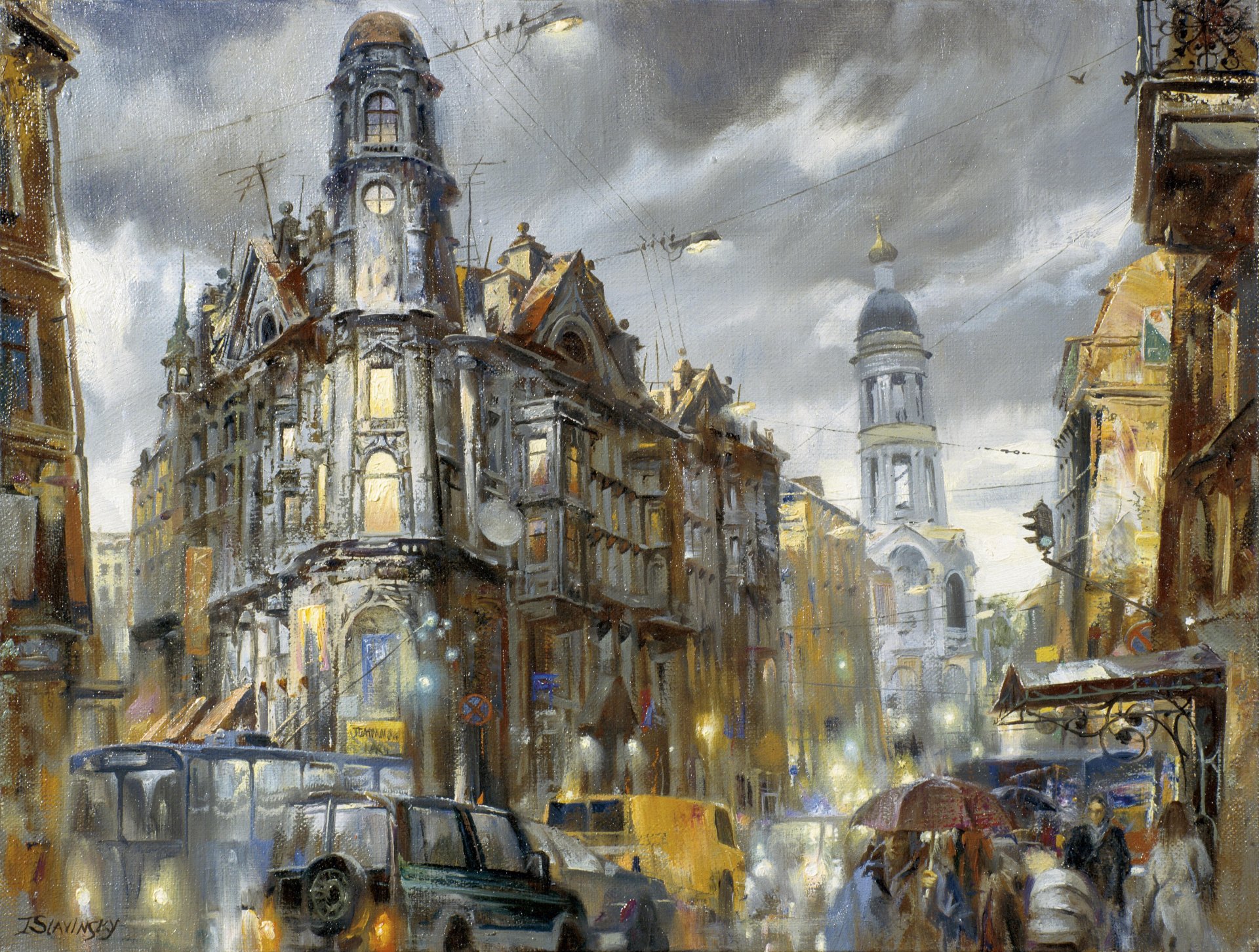 ciudad calle san petersburgo cinco esquinas noche luces linternas lluvia coches transporte pintura dibujo acuarela ivan slavinsky