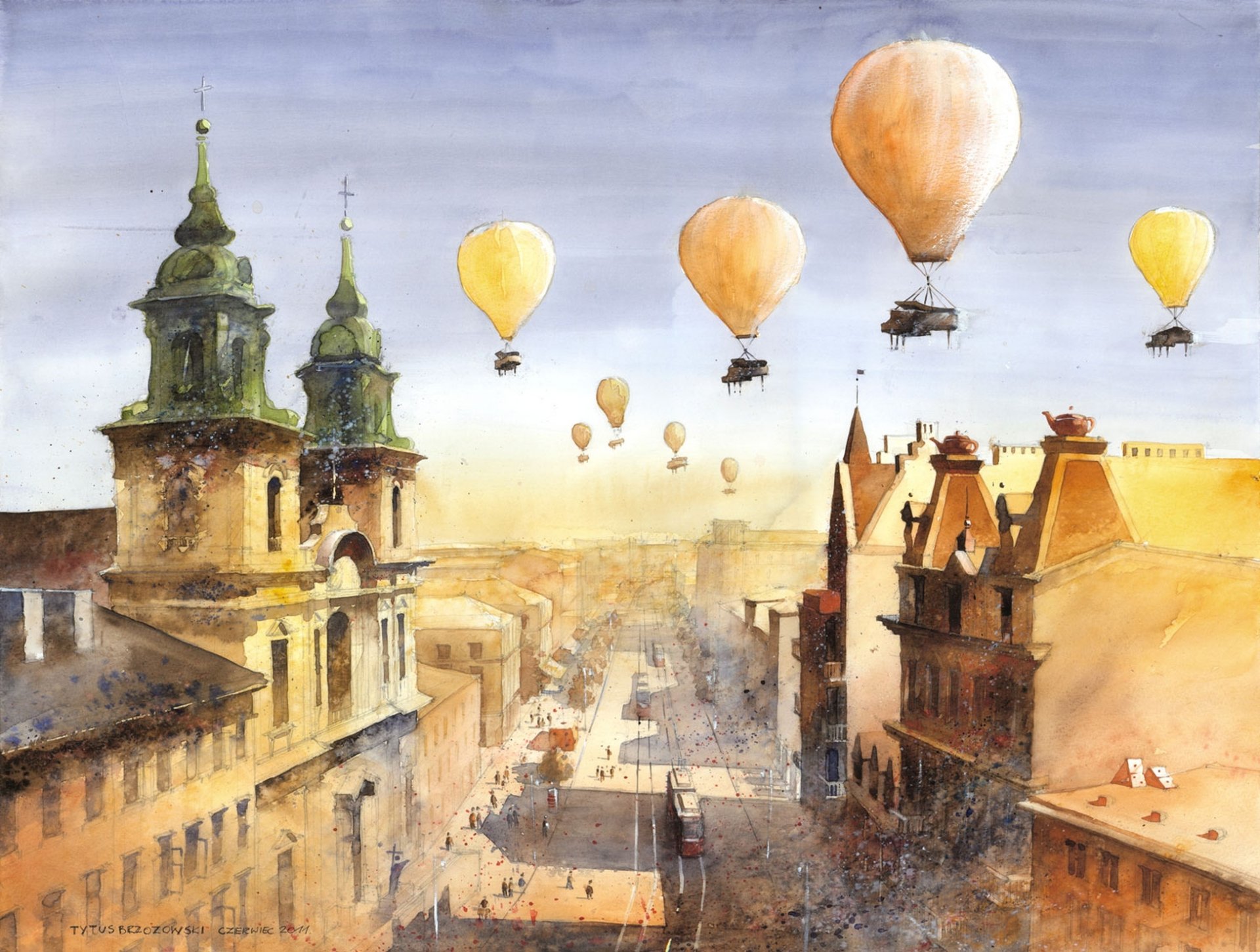 arte tytus brzozowski disegno città case rotaie palloncini persone