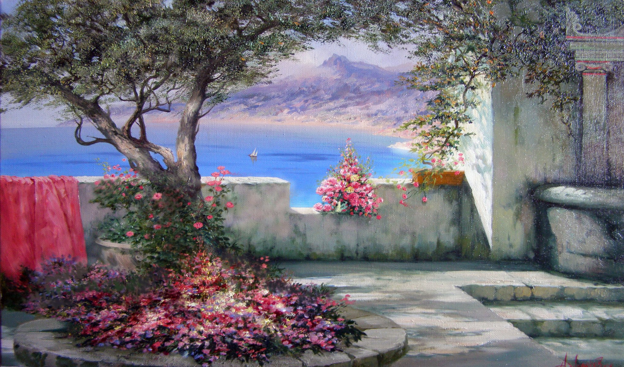 milyukov alexander paesaggio meridionale sole ombra crimea mare vela fiori gioia estate albero