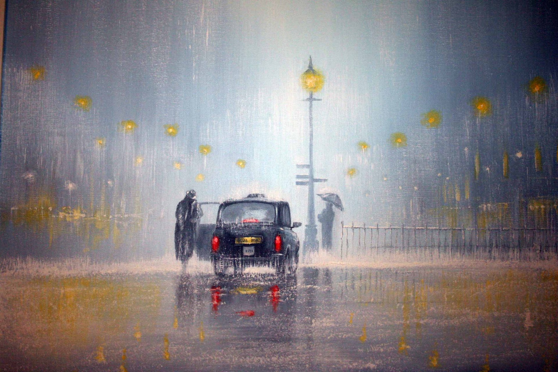 jeff rowland macchina pioggia luci luce fari uomo ombrello