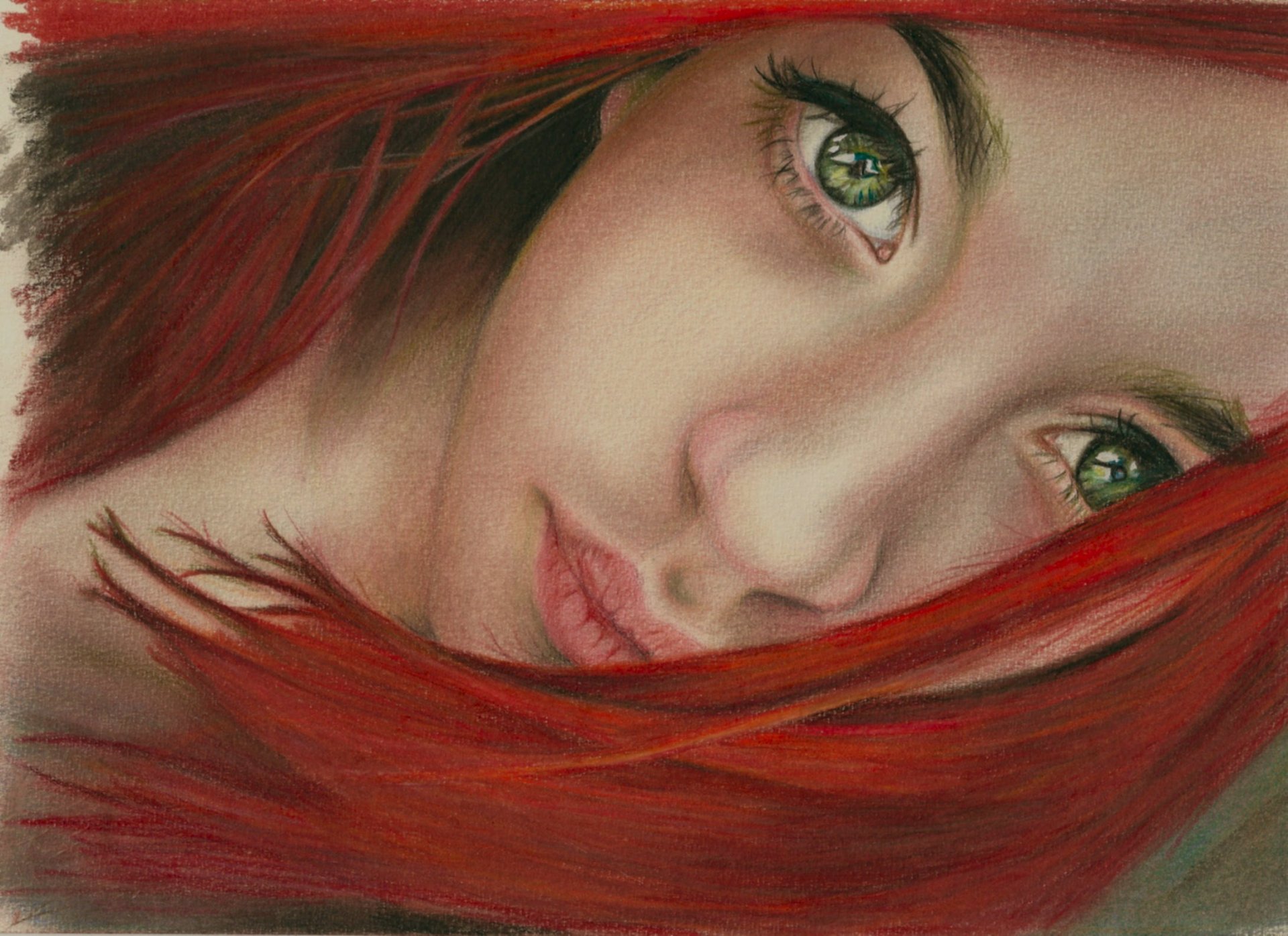 pittura arte ragazza rossa capelli viso occhi verde sguardo labbra collo