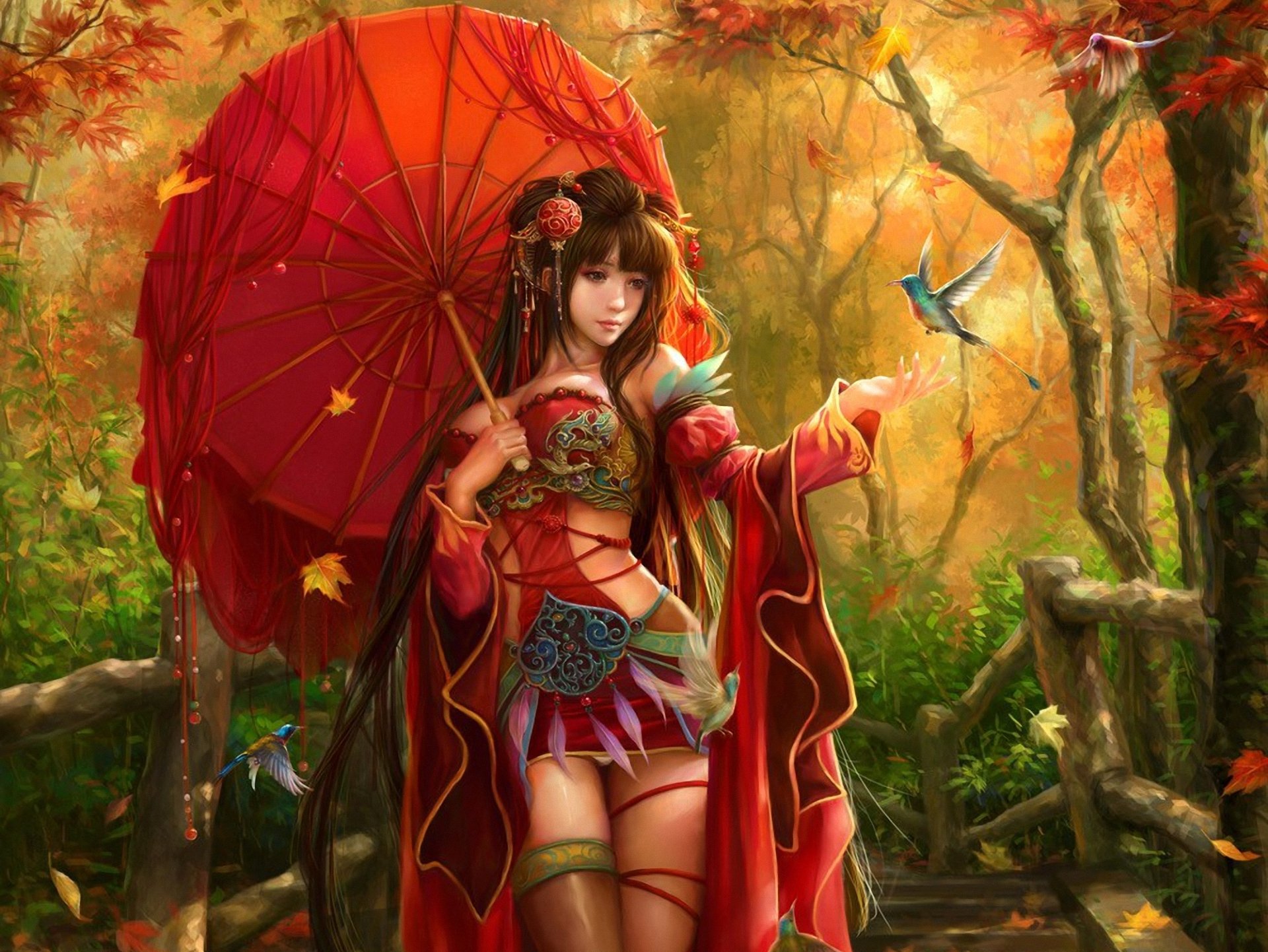 art sunmomo girl umbrella umbrella leaves birds autumn jewelry feather