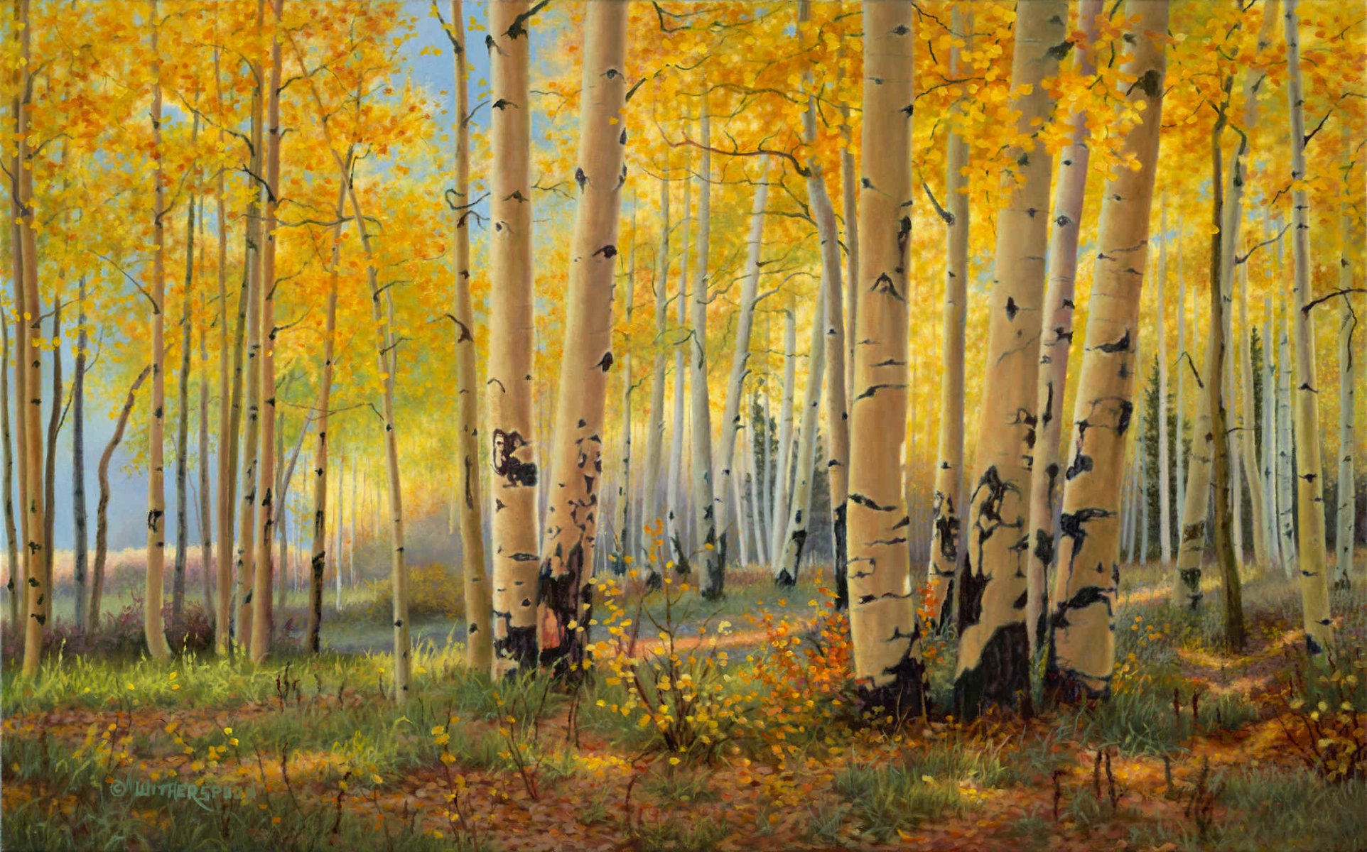 kay witherspoon pilares de oro arte pintura otoño dorado otoño bosque arboleda abedules