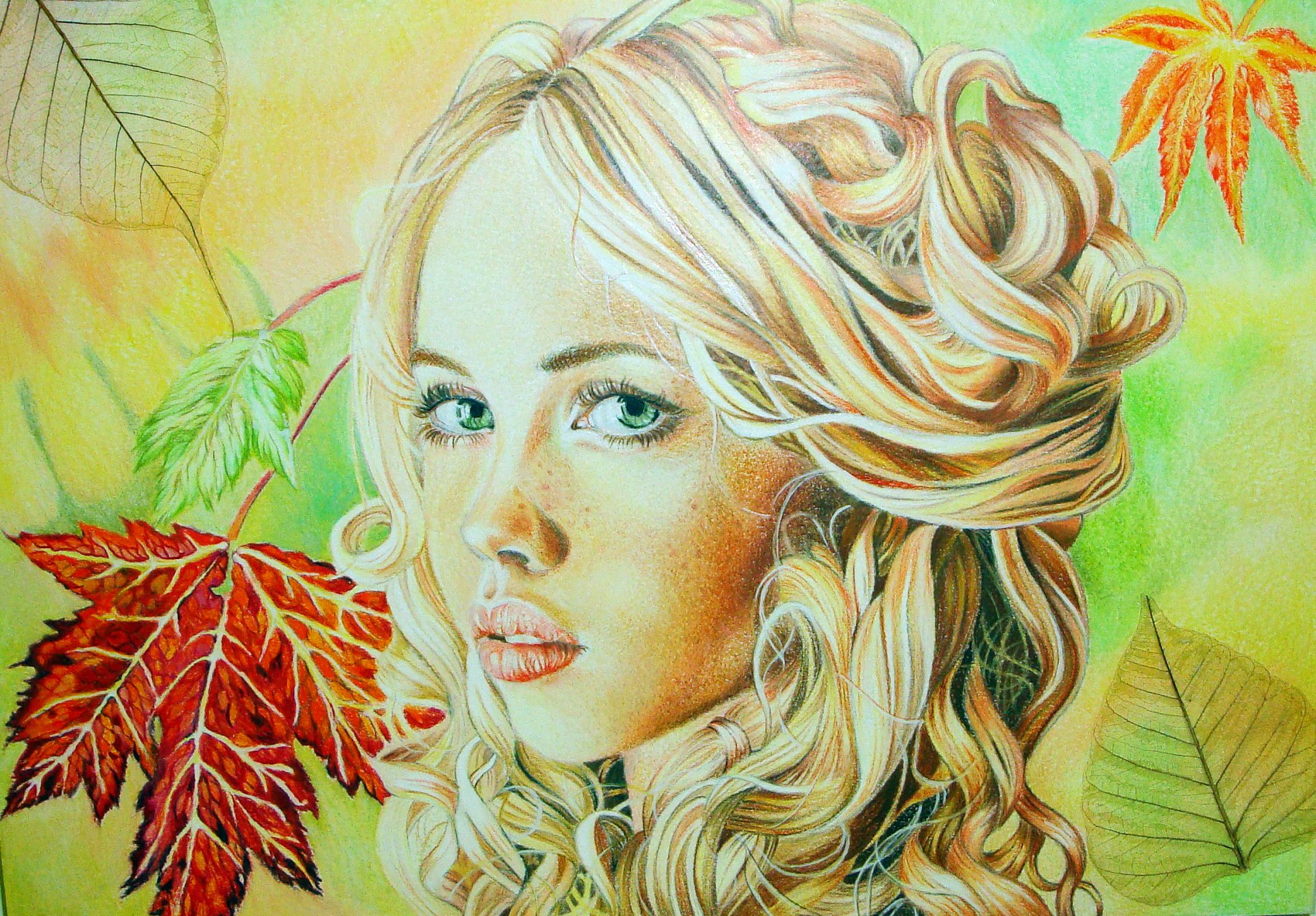 christina papagianni painting girl face lips view green eyes blonde curls autumn leave