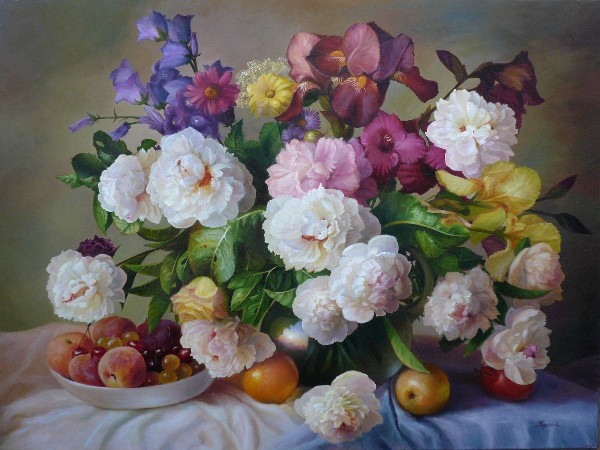 ramo flores fruta pintura