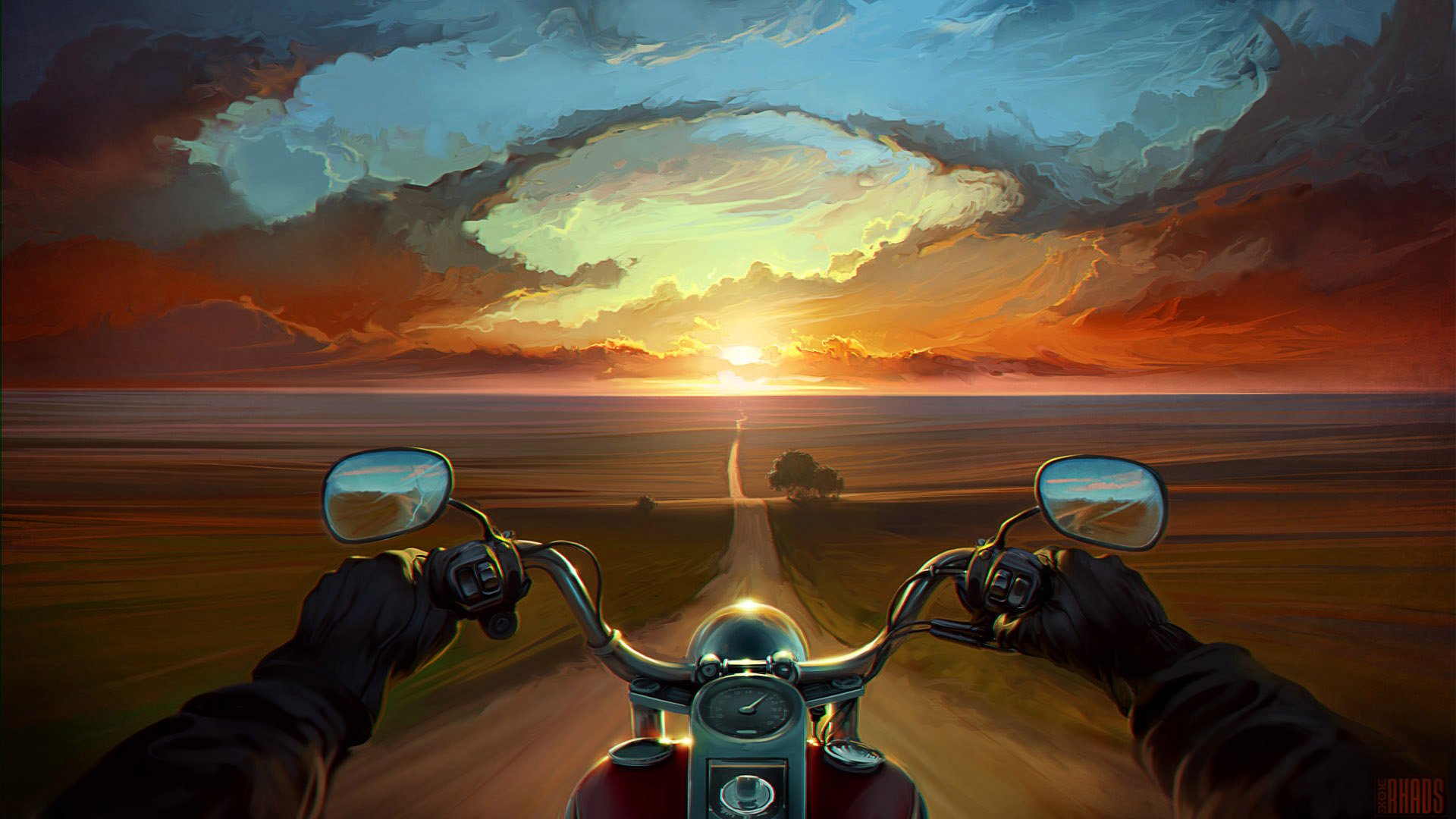 art road hands sunset motorcycle bike clouds tree