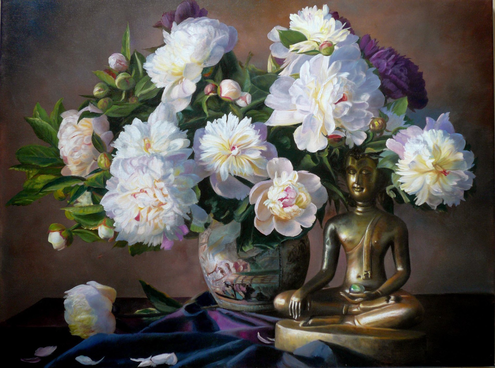 pintura zbigniew kopania naturaleza muerta flores ramo peonías florero pétalos estatuilla buda