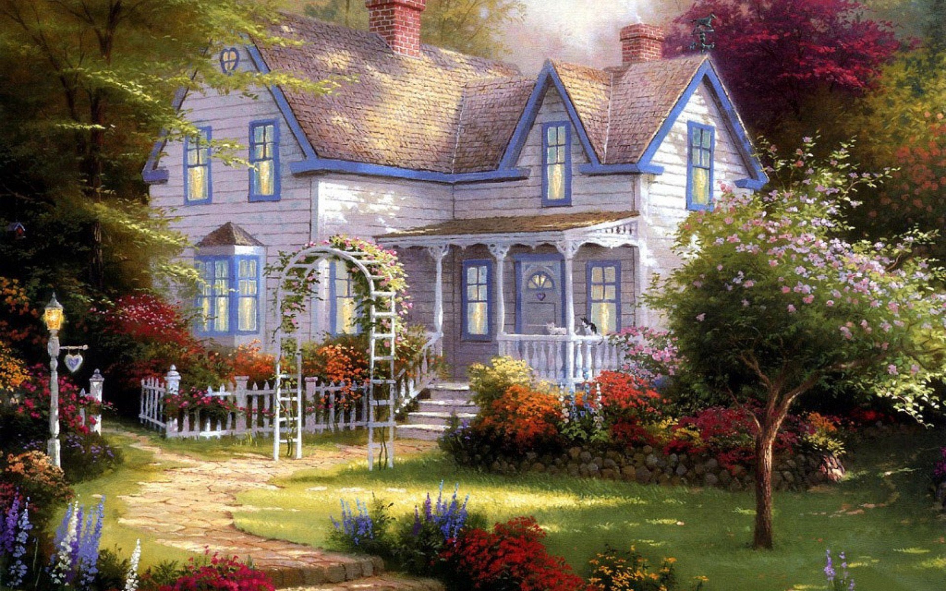 art painting painting garden arch front house garden summer artist thomas kincaid