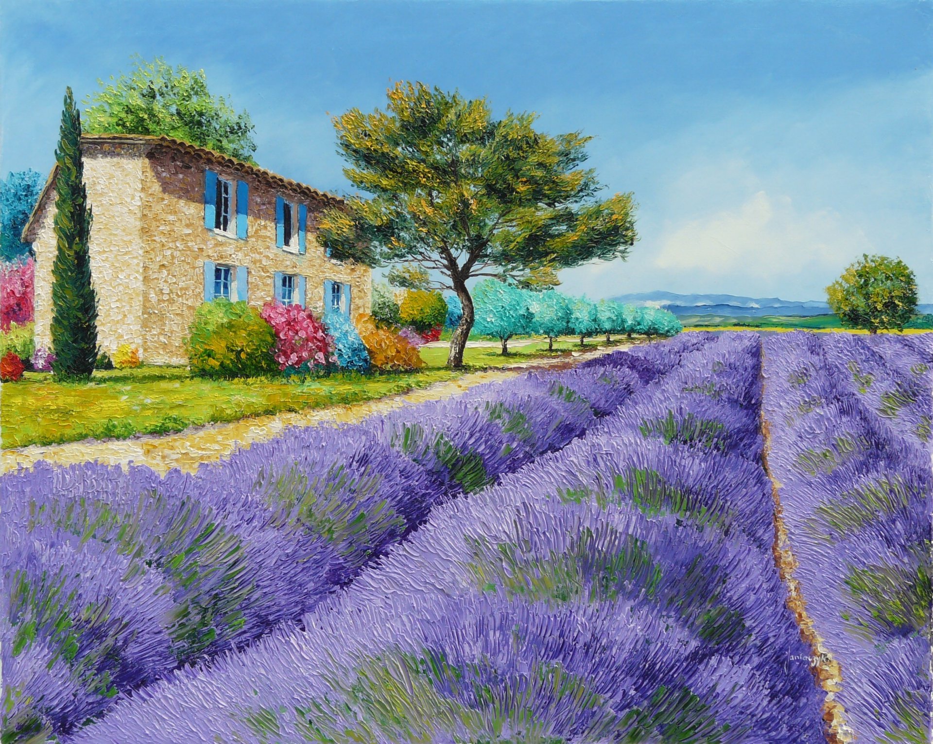 malerei kunst landschaft jean-marc janiaczyk feld blumen lavendel provence haus bäume sträucher berge