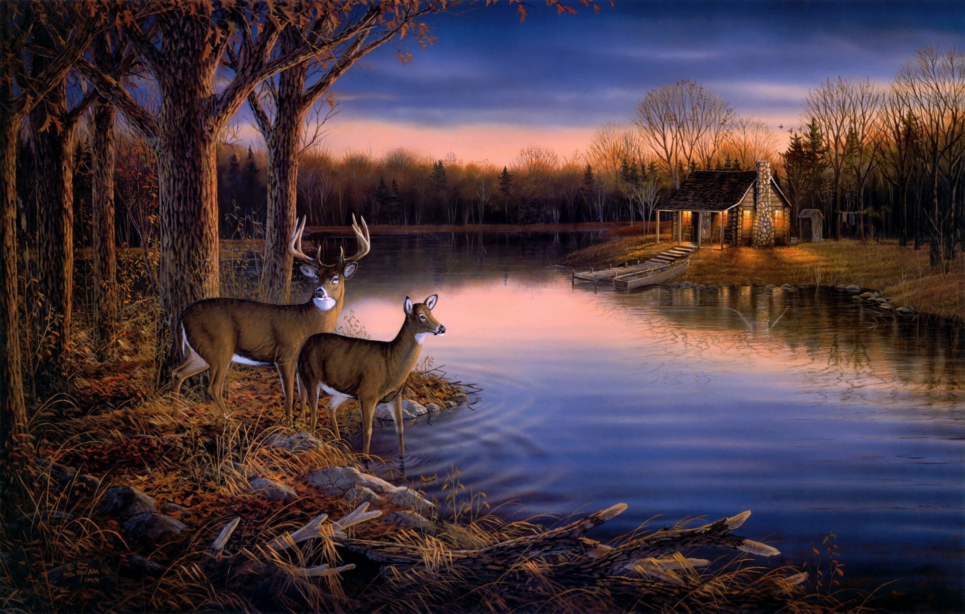 sam timm noche tranquila pintura arte animales ciervos tarde puesta de sol otoño naturaleza bosque árboles lago estanque río agua barco casa