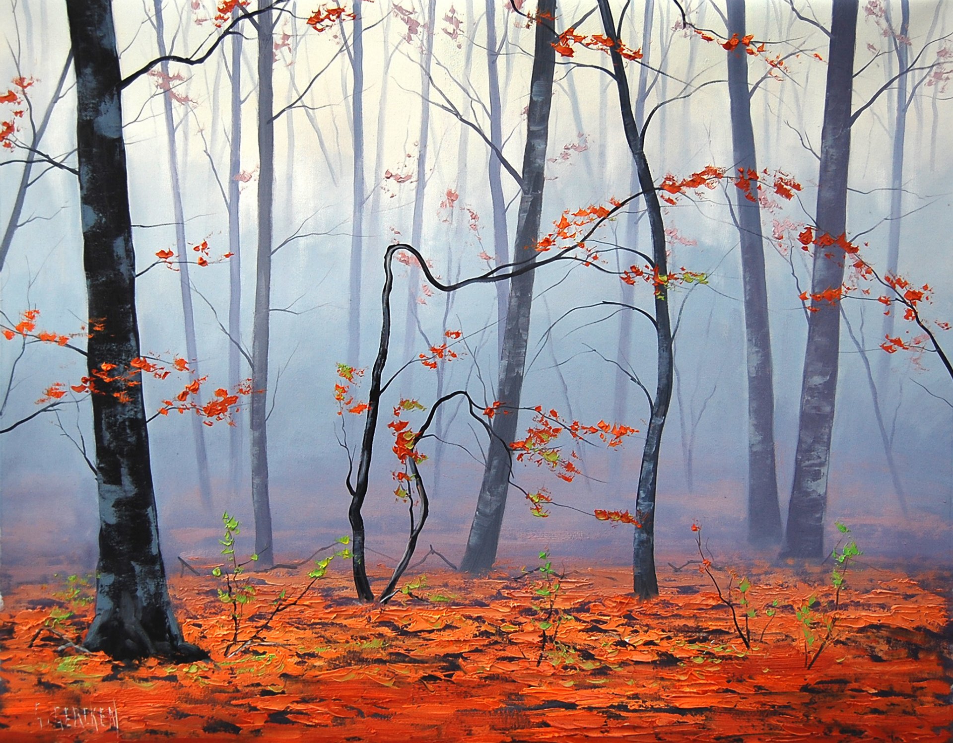 arte artsaus natura alberi autunno foglie nebbia