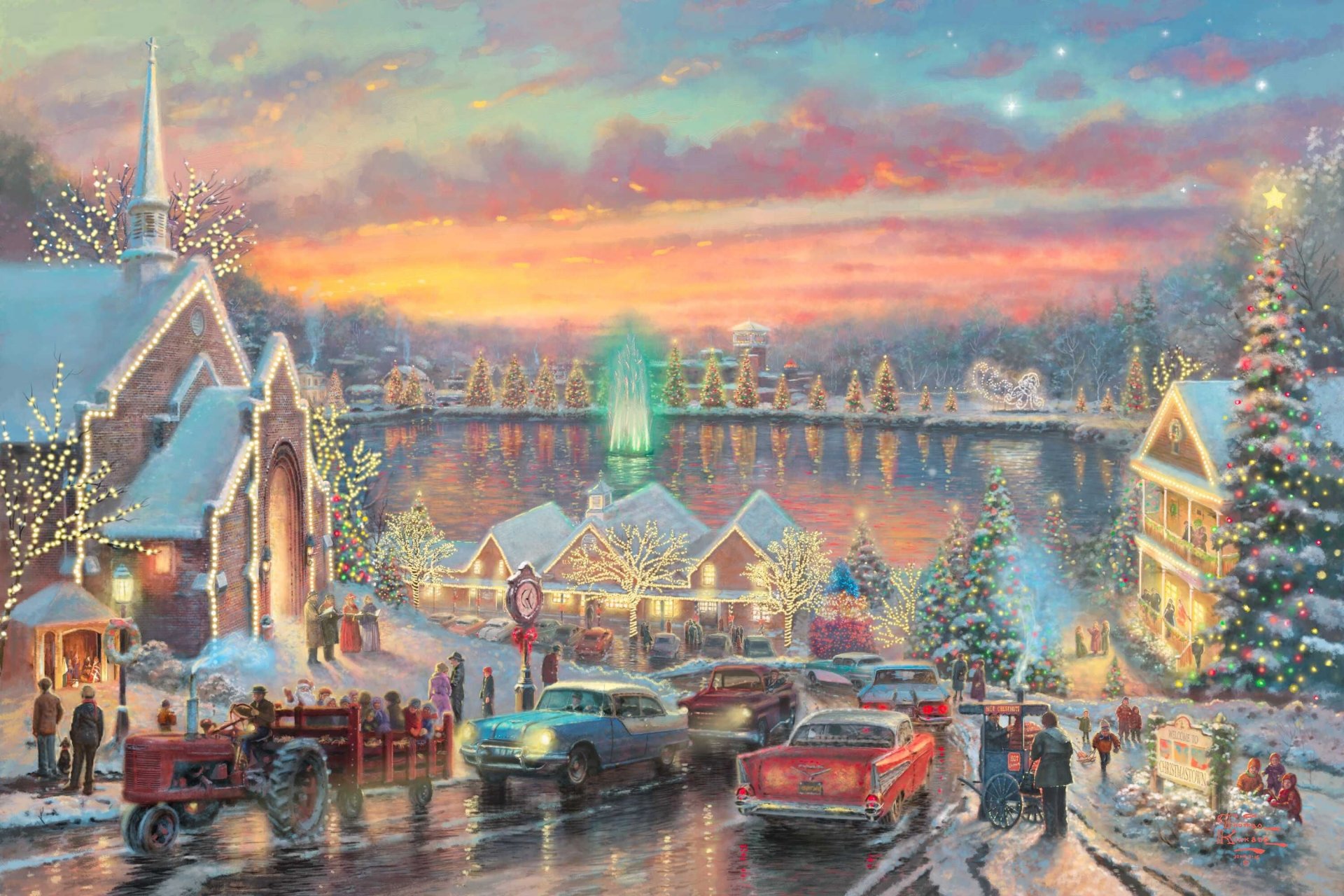 luces christmastown thomas kinkade christmastown mcadenville carolina del norte estados unidos pintura ciudad navidad río tenedor del sur abeto árboles de navidad guirnaldas multicolor luces casa calle carretera coches noche vacaciones año nuevo reloj iglesia fuegos artificiales