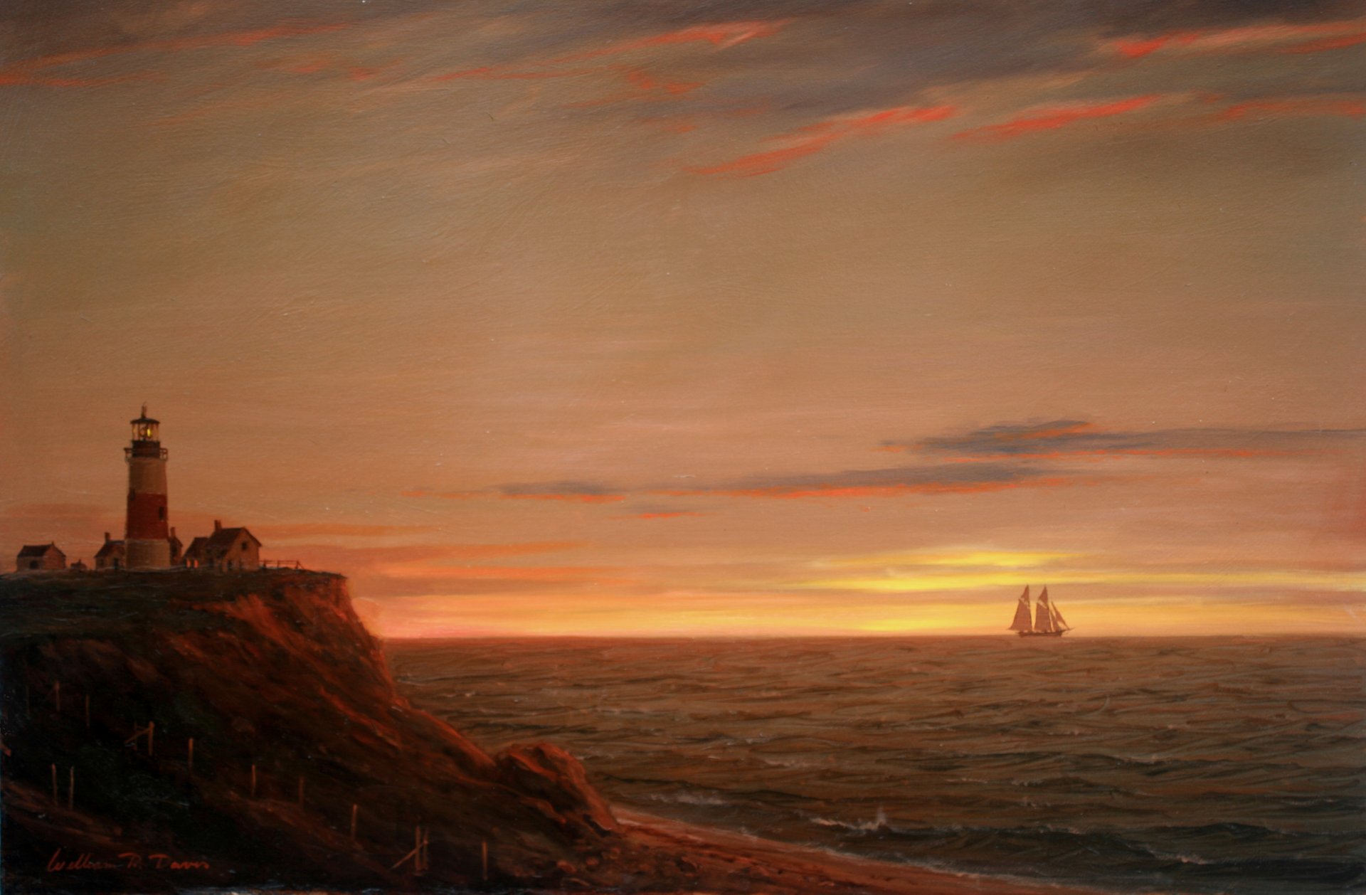 immagine paesaggio william davis mare faro barca a vela nave riva cielo luce tramonto