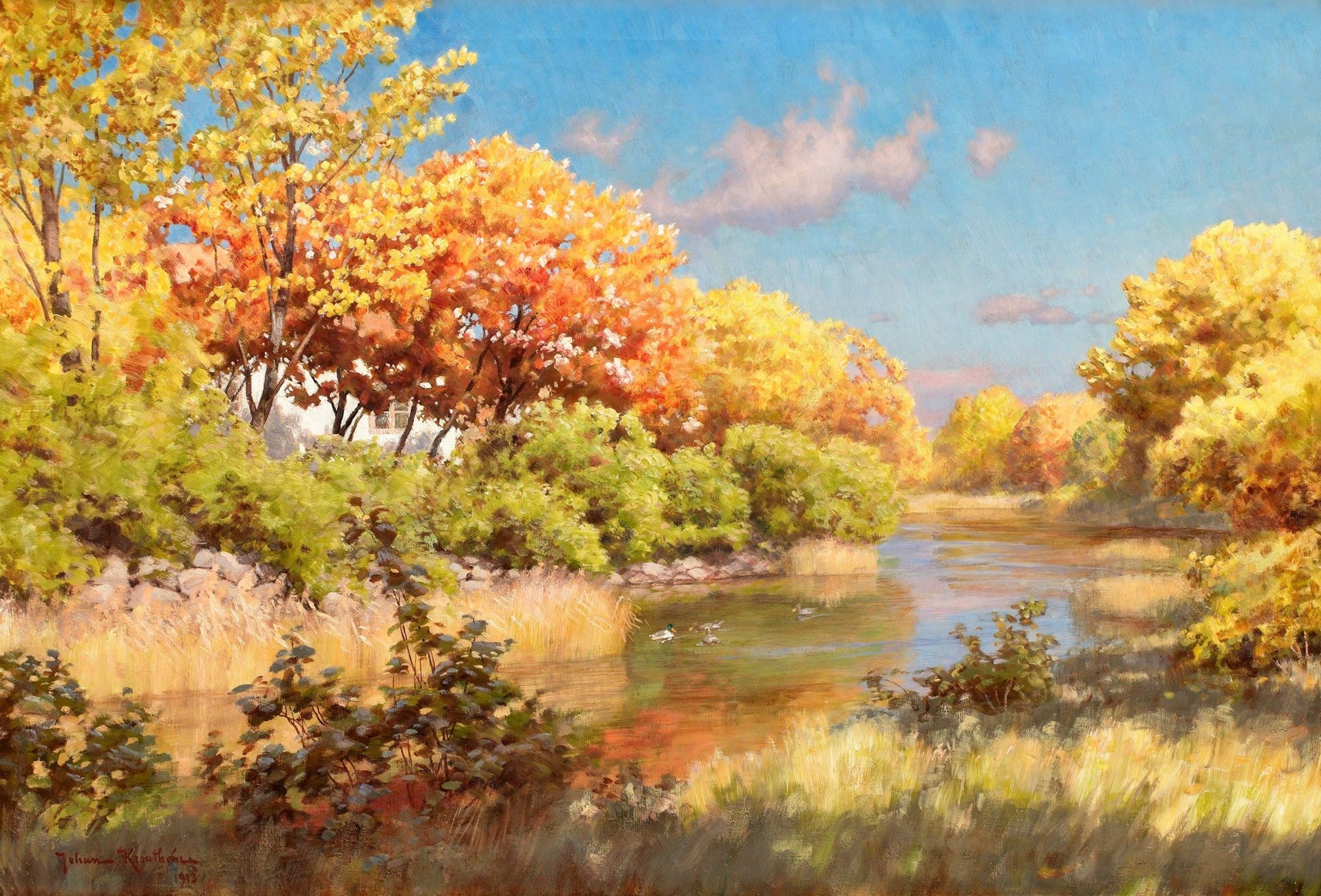 peinture paysage johan krouthen automne arbres rivière eau rivage canards village ciel nuages