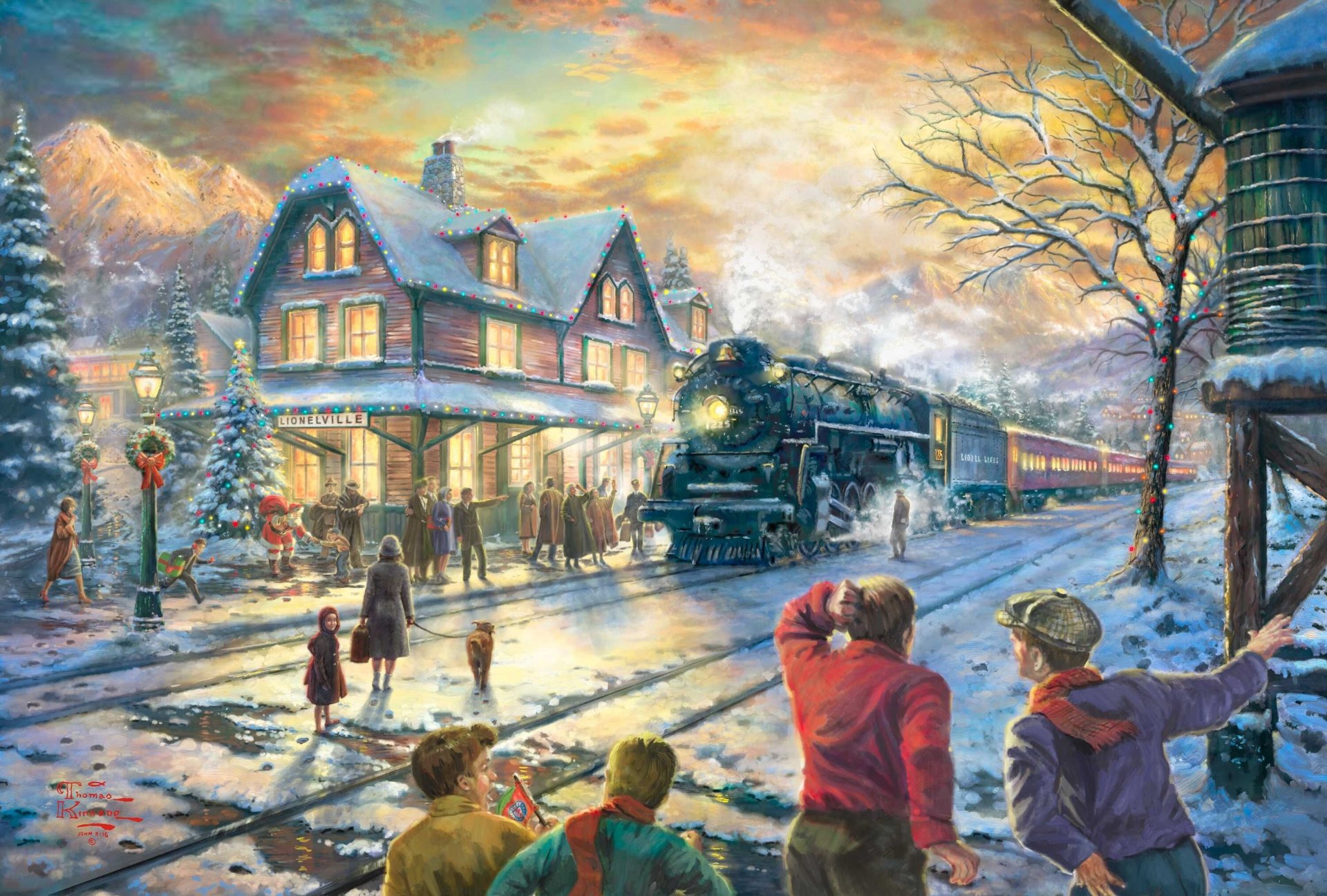 tout à bord pour noël thomas kincaid peinture lionelville hiver vacances noël père noël soirée lumières maison gare train chemin de fer neige sapin guirlandes nouvel an