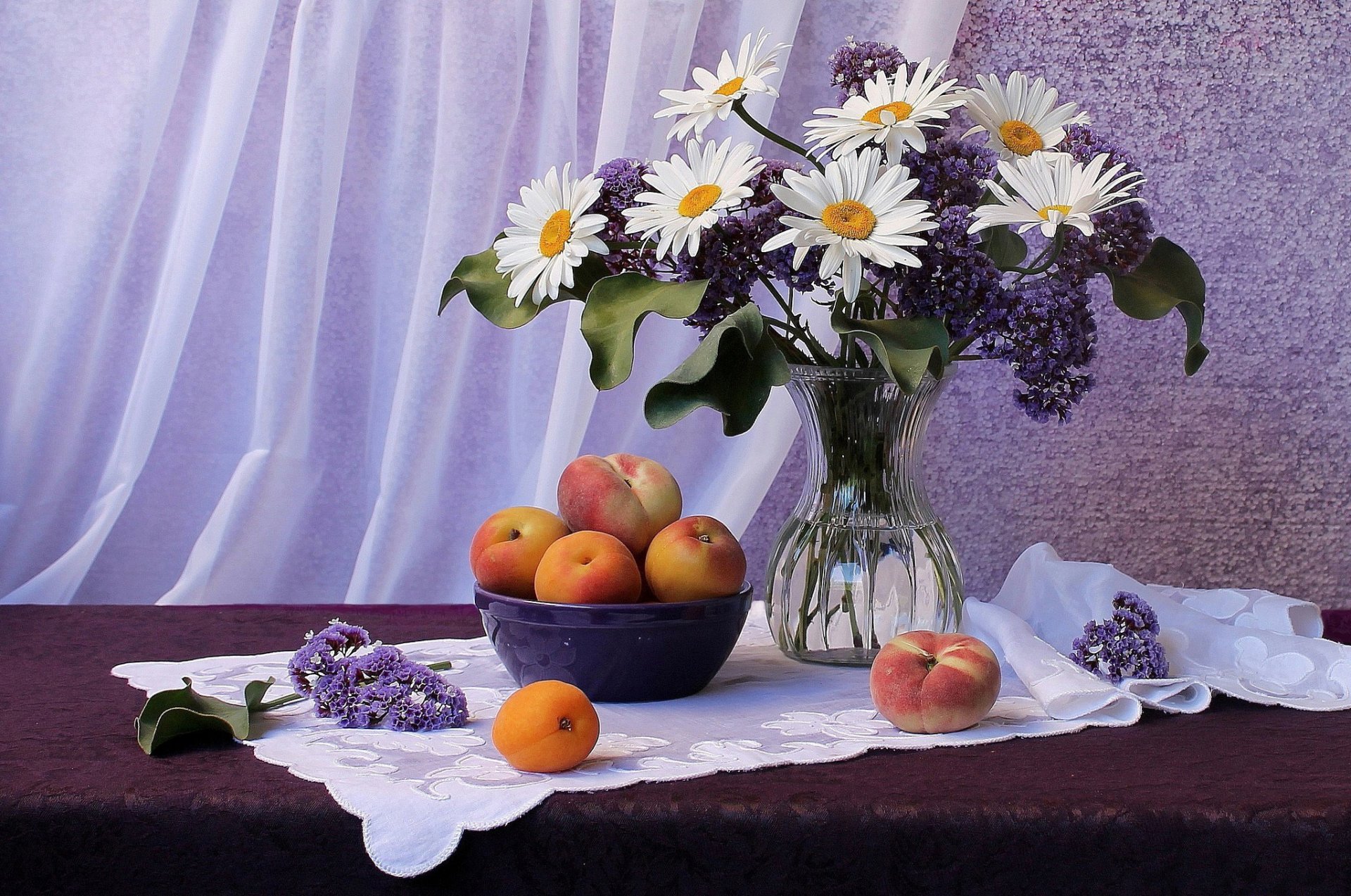 art painting pattern to table bouquet chamomiles lilac peaches apricots