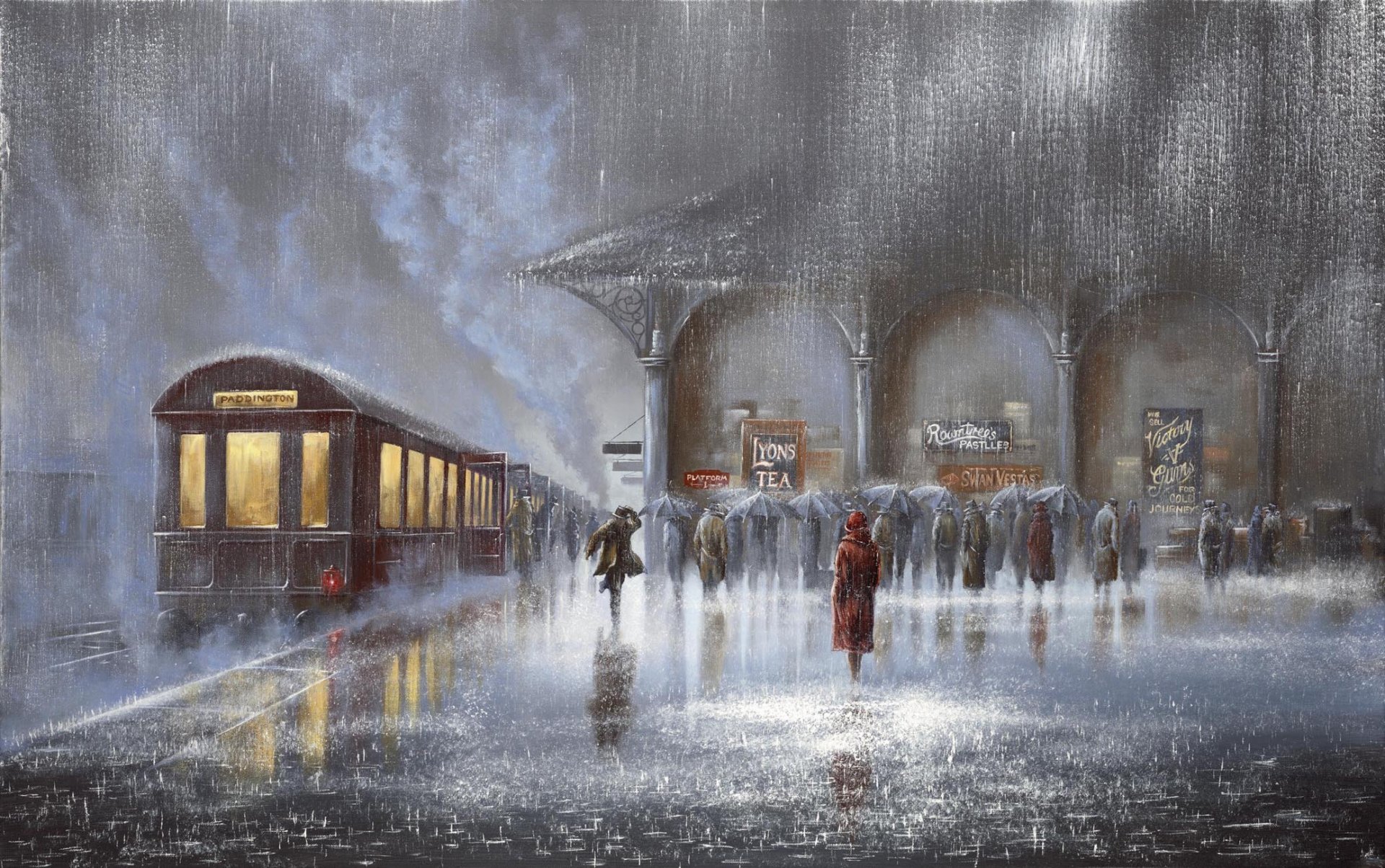 malerei jeff rowland bahnhof regen regen zwei treffen mann frau menschen regenschirme wagen zug plattform