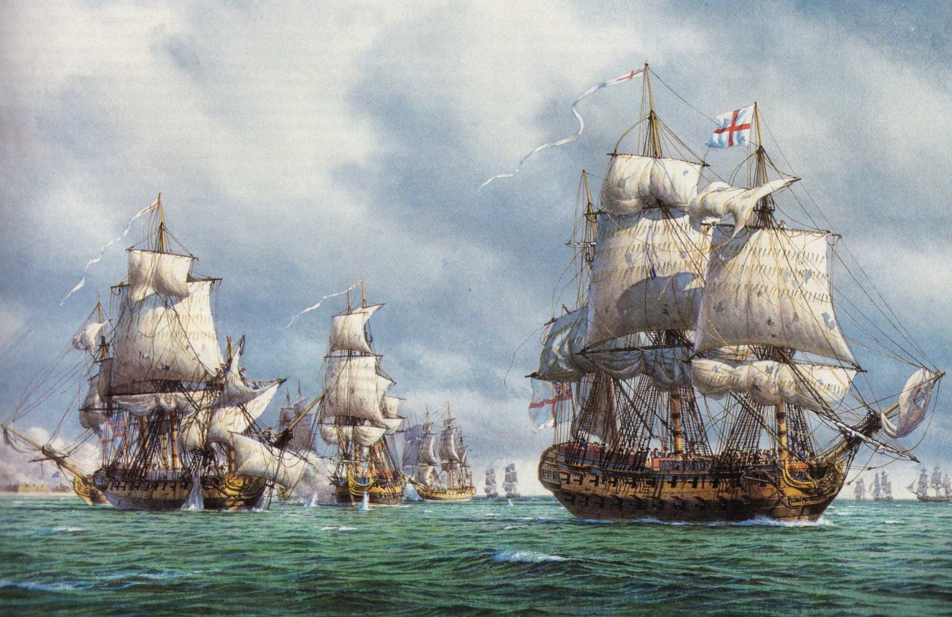 peinture peinture marine combat voiliers tackle gréement voiles drapeaux fanion rafales de noyaux huile sur toile