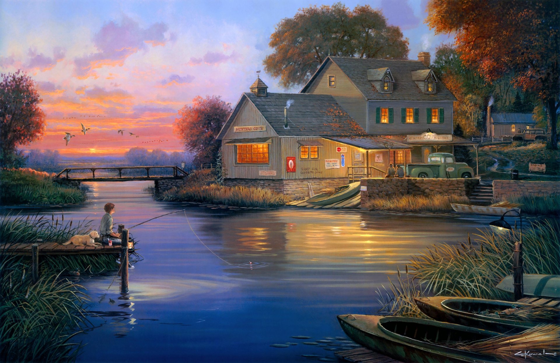 george kovacs chasseurs de cove peinture hunters lodge lodge crique bateaux pont pêcheur chien soirée automne canards maison