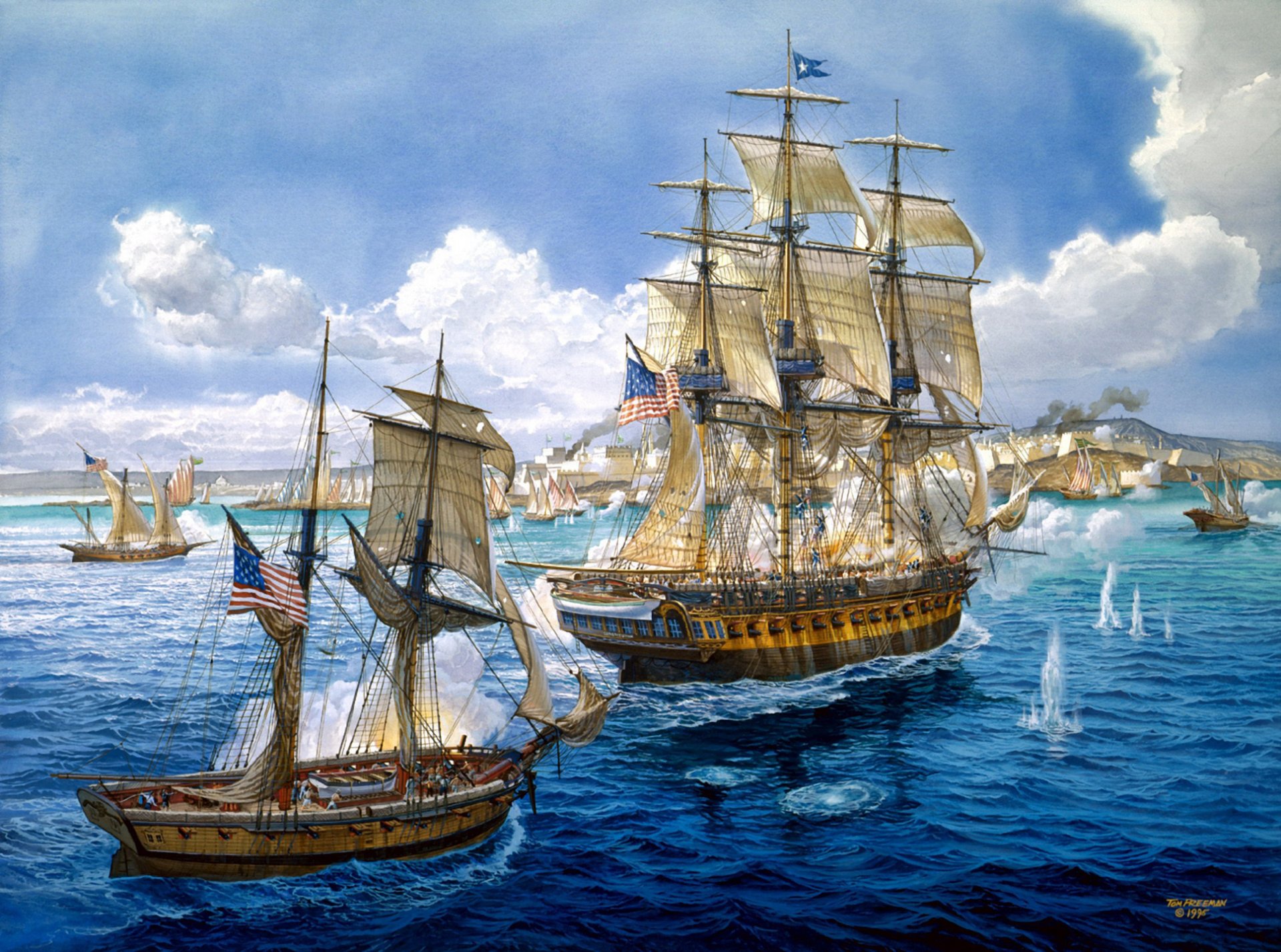 arte marina pintura barcos marina batalla salvas armas po costa posición enemigo pago de hierro artista tom freeman