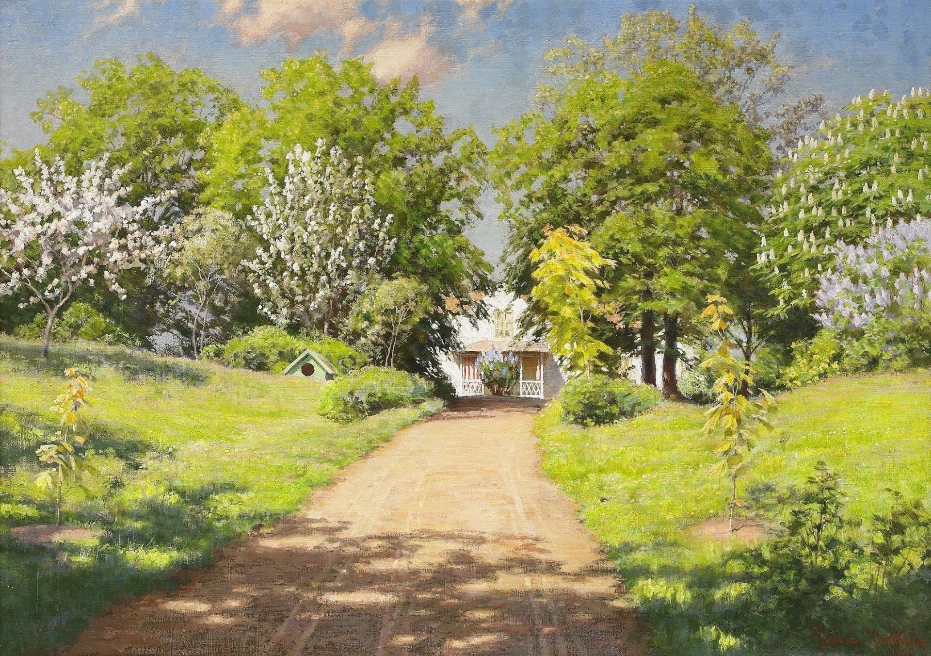 bild landschaft johan krouthen frühling haus ferienhaus straße bäume büsche blumen grün flieder kastanien wolken sonnig schatten