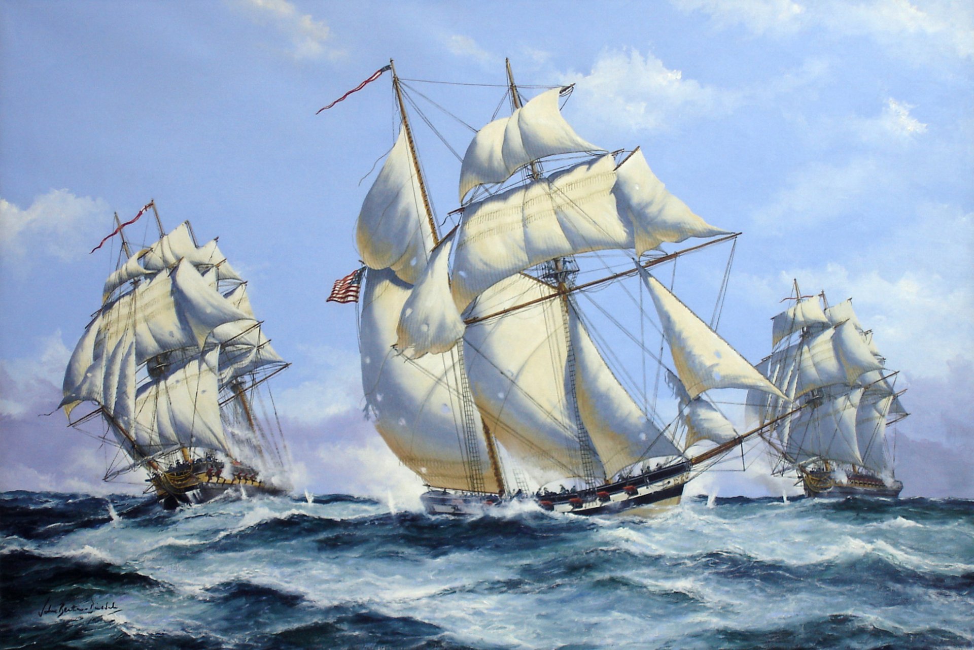 arte marina pintura marina batalla barcos veleros olas voleas armas de fuego artista john bentham