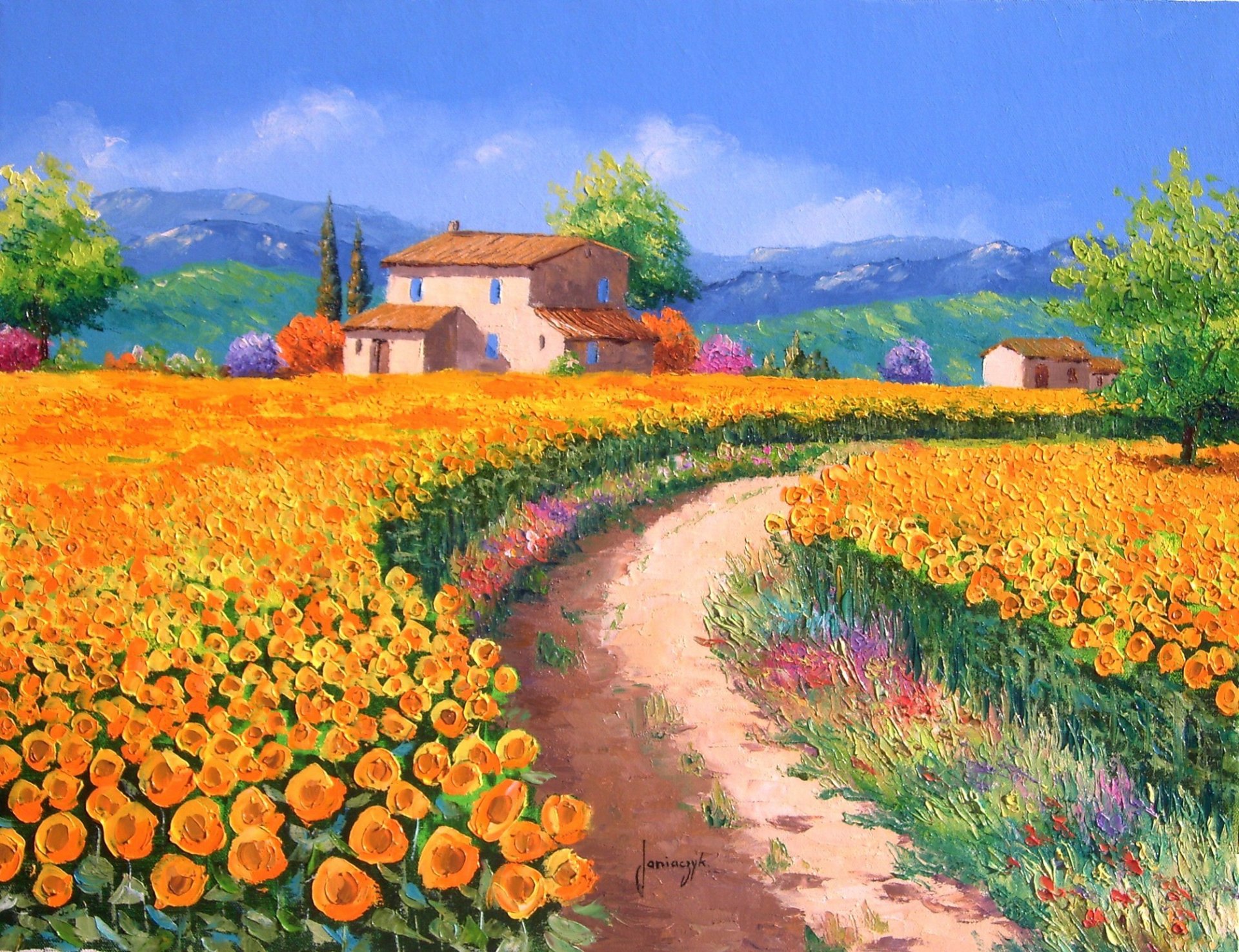 pittura paesaggio arte jean-marc janiaczyk case campo strada fiori girasoli alberi montagne colline