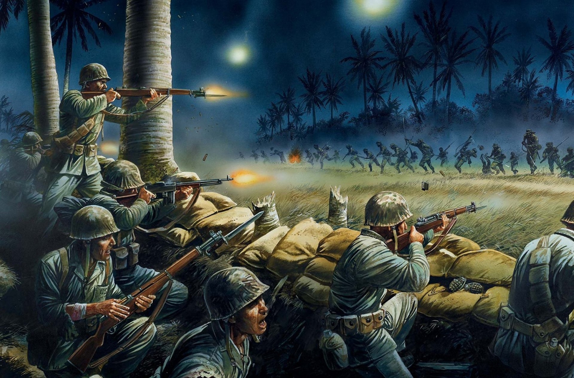 arte noche batalla soldados americano armas disparos señal misiles ww2 dibujo