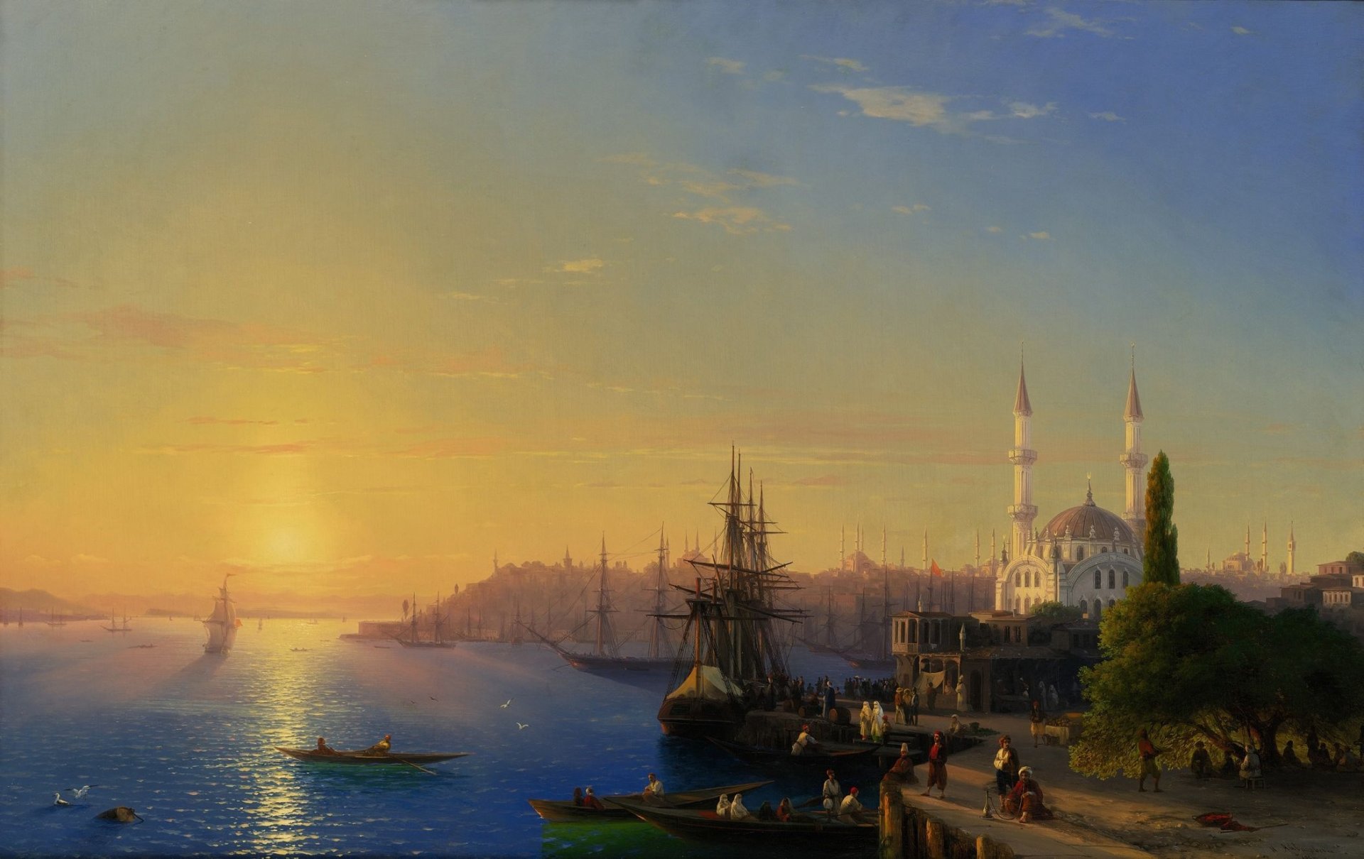 bild landschaft aivazovsky konstantinopel bosporus hafen stadt anlegestelle schiffe boote segelboote meer himmel licht menschen bäume gebäude architektur moschee